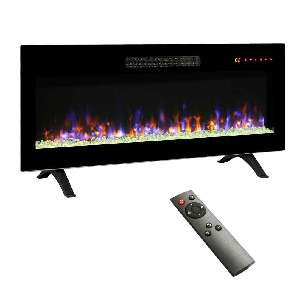 42 inch recessed ultra thin tempered glass front wall mounted electric fireplace with remote and multi color flame & emberbed, LED light heater - Grand Goldman Shop