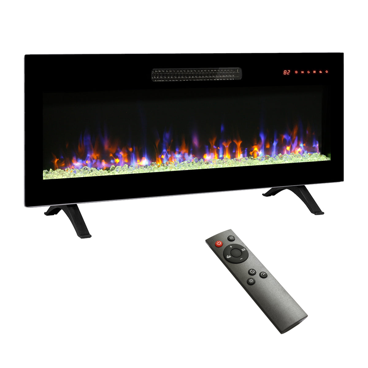 42 inch recessed ultra thin tempered glass front wall mounted electric fireplace with remote and multi color flame & emberbed, LED light heater - Grand Goldman Shop