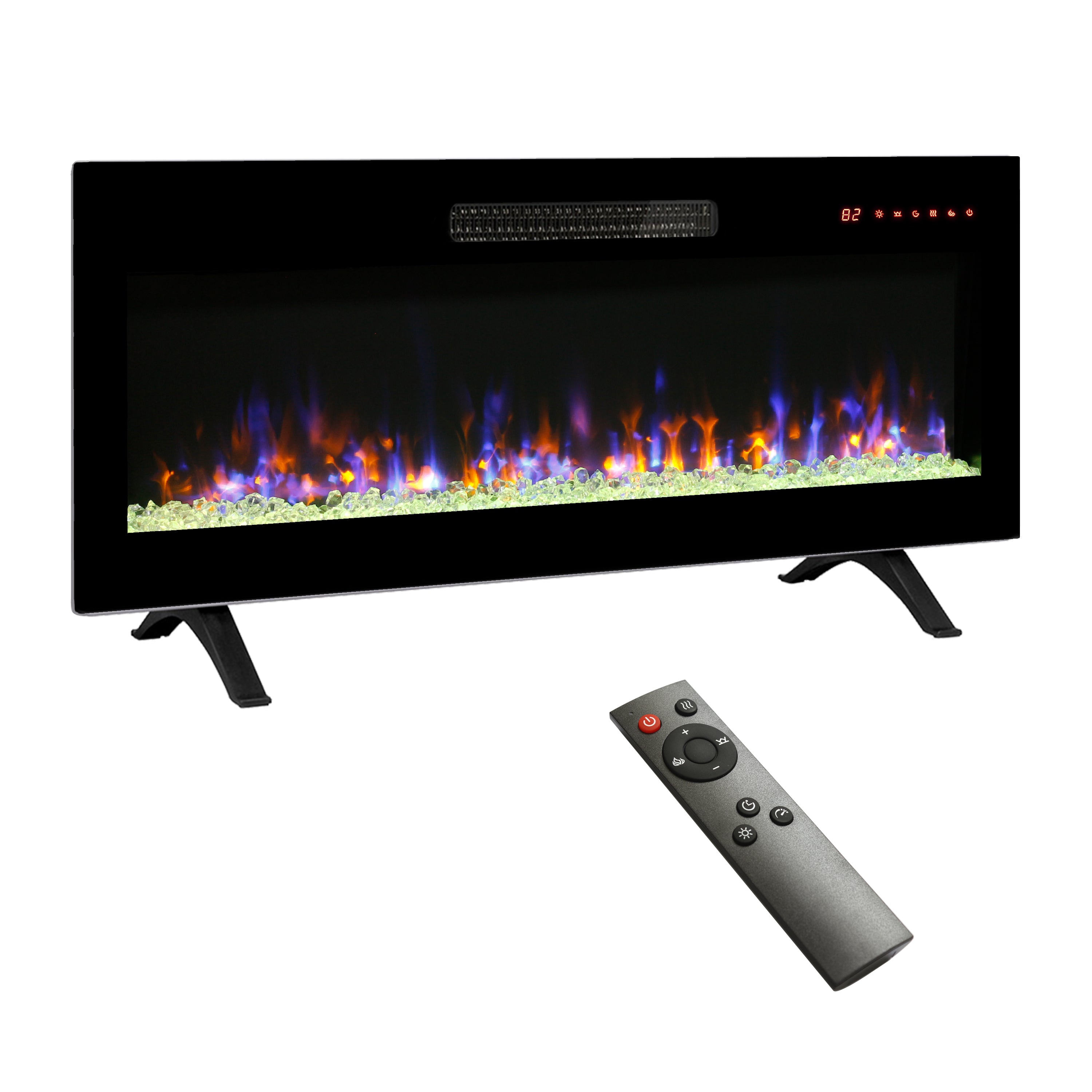 42 inch recessed ultra thin tempered glass front wall mounted electric fireplace with remote and multi color flame & emberbed, LED light heater - Grand Goldman Shop