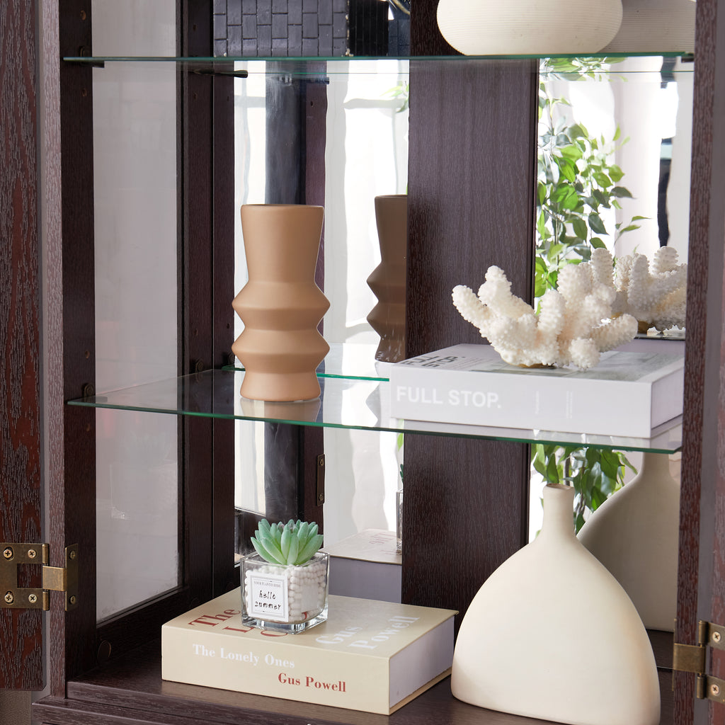 Lighted Glass Curio Display Cabinet,Display Cabinet,Glass Storage Cabinet Glass Wine cabinet Wood Frame Toy Display for Living Room, Kitchen, Pantry light bulb included Dark Cherry - Grand Goldman Shop