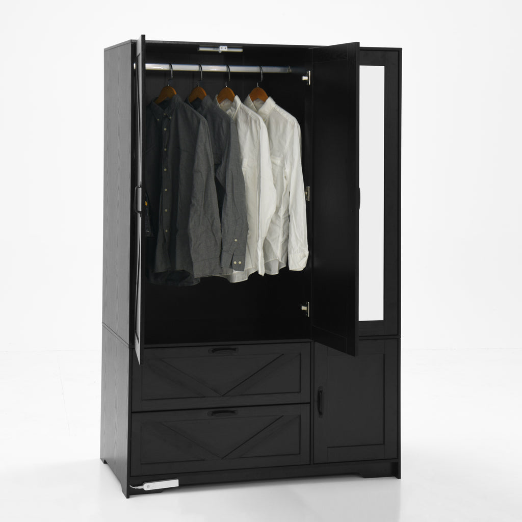 4 Doors Wardrobe Closet with Mirror, LED Wardrobe with Doors and 2 Drawers, Wooden Wardrobe Storage Cabinet with Hanging Rod, Adjustable Shelves, Black - Grand Goldman Shop