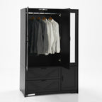 4 Doors Wardrobe Closet with Mirror, LED Wardrobe with Doors and 2 Drawers, Wooden Wardrobe Storage Cabinet with Hanging Rod, Adjustable Shelves, Black - Grand Goldman Shop