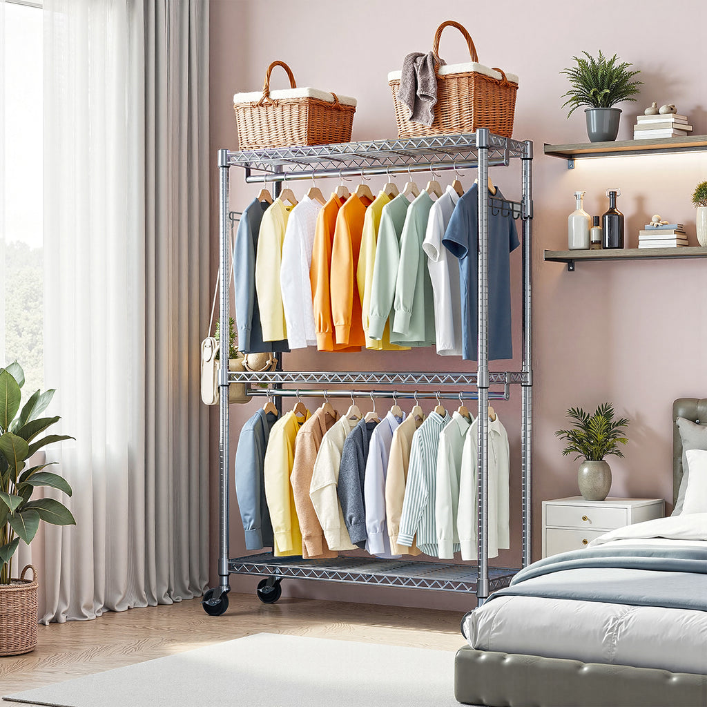 Heavy Duty Rolling Garment Rack 3 Tiers Adjustable Wire Shelving Clothes Rack with 2 Rods and Side Hooks,Storage Closet Clothing Rack with Wheels Chrome 15.7' D x 45.3' W x 79.6' H - Grand Goldman Shop