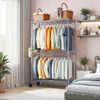 Heavy Duty Rolling Garment Rack 3 Tiers Adjustable Wire Shelving Clothes Rack with 2 Rods and Side Hooks,Storage Closet Clothing Rack with Wheels Chrome 15.7' D x 45.3' W x 79.6' H - Grand Goldman Shop