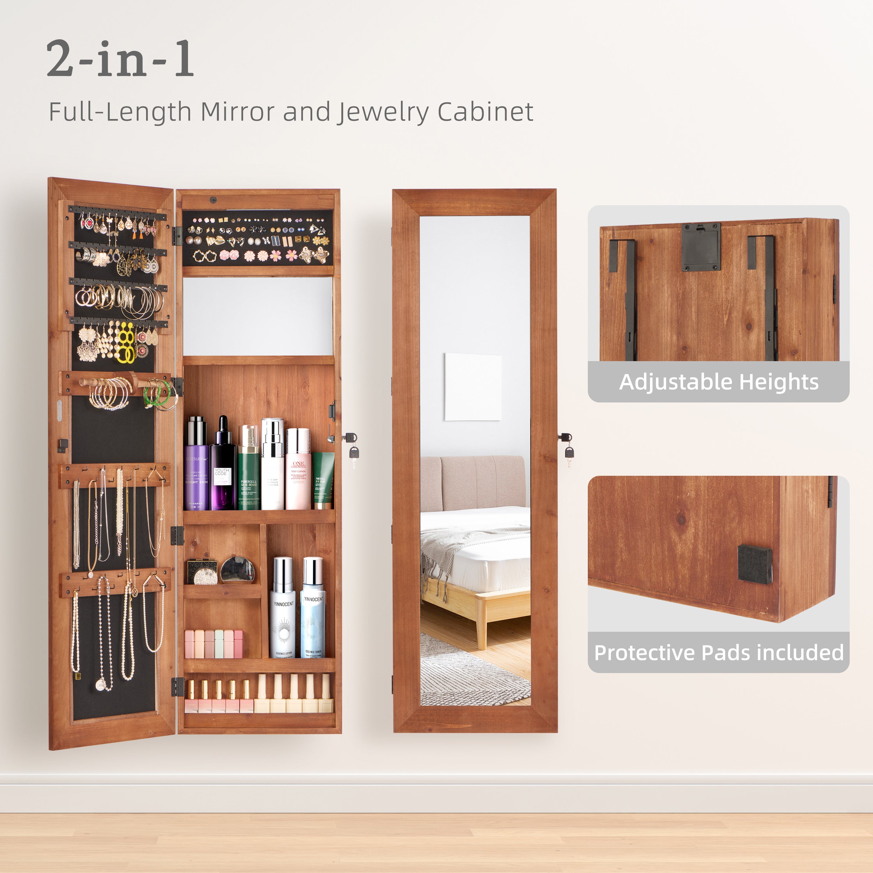 Solid Wood Jewelry Armoire Organizer Cabinet with Full-Length Mirror, Brown, Wall-Mounted Lockable with LED Light, 47.5x14.3 in - Grand Goldman Shop