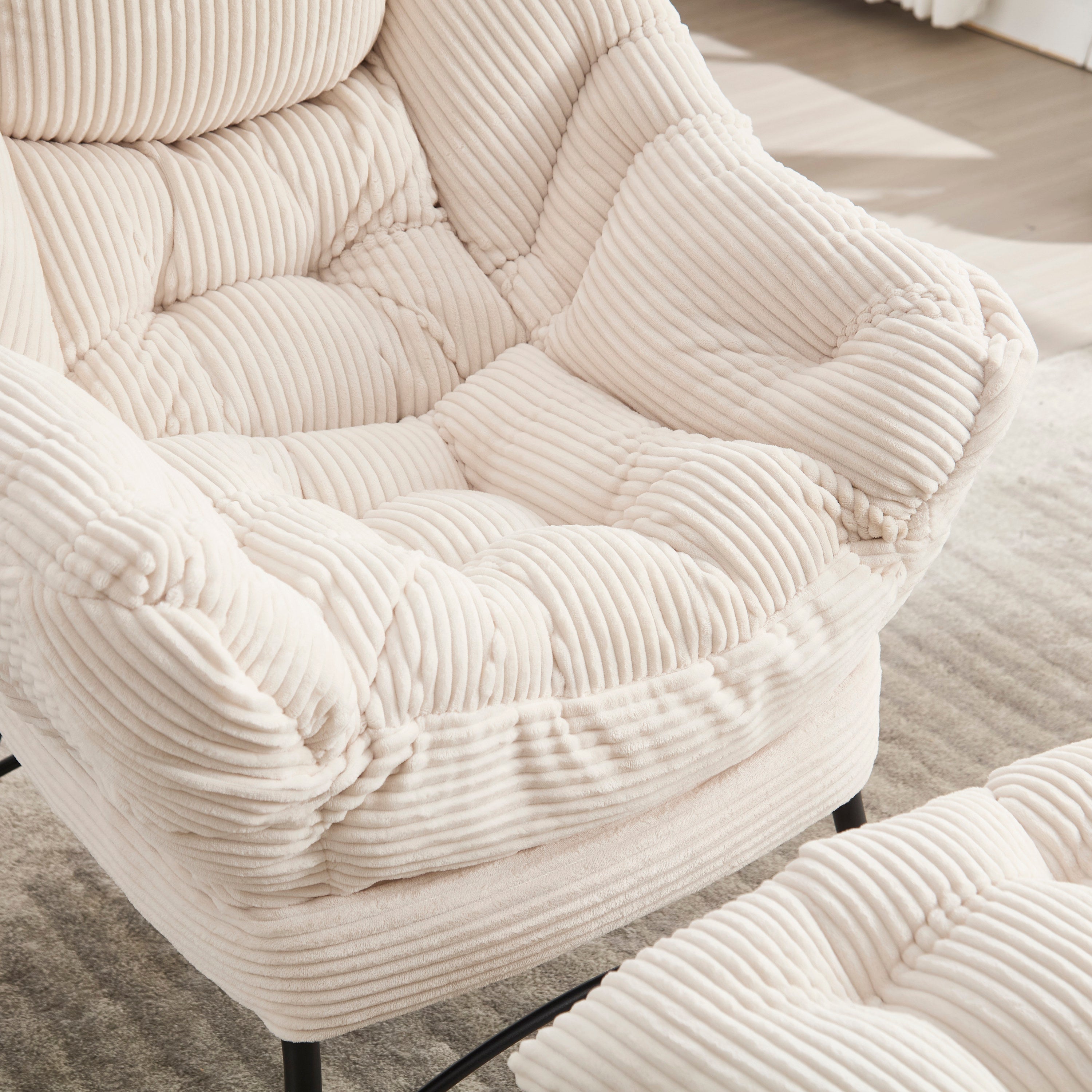Lazy Chair with Ottoman, Modern Lounge Accent Chair with Armrests and a Side Pocket, Leisure Upholstered Sofa Chair Reading Chair with Footrest for Small Space, Corner Chair-White - Grand Goldman Shop