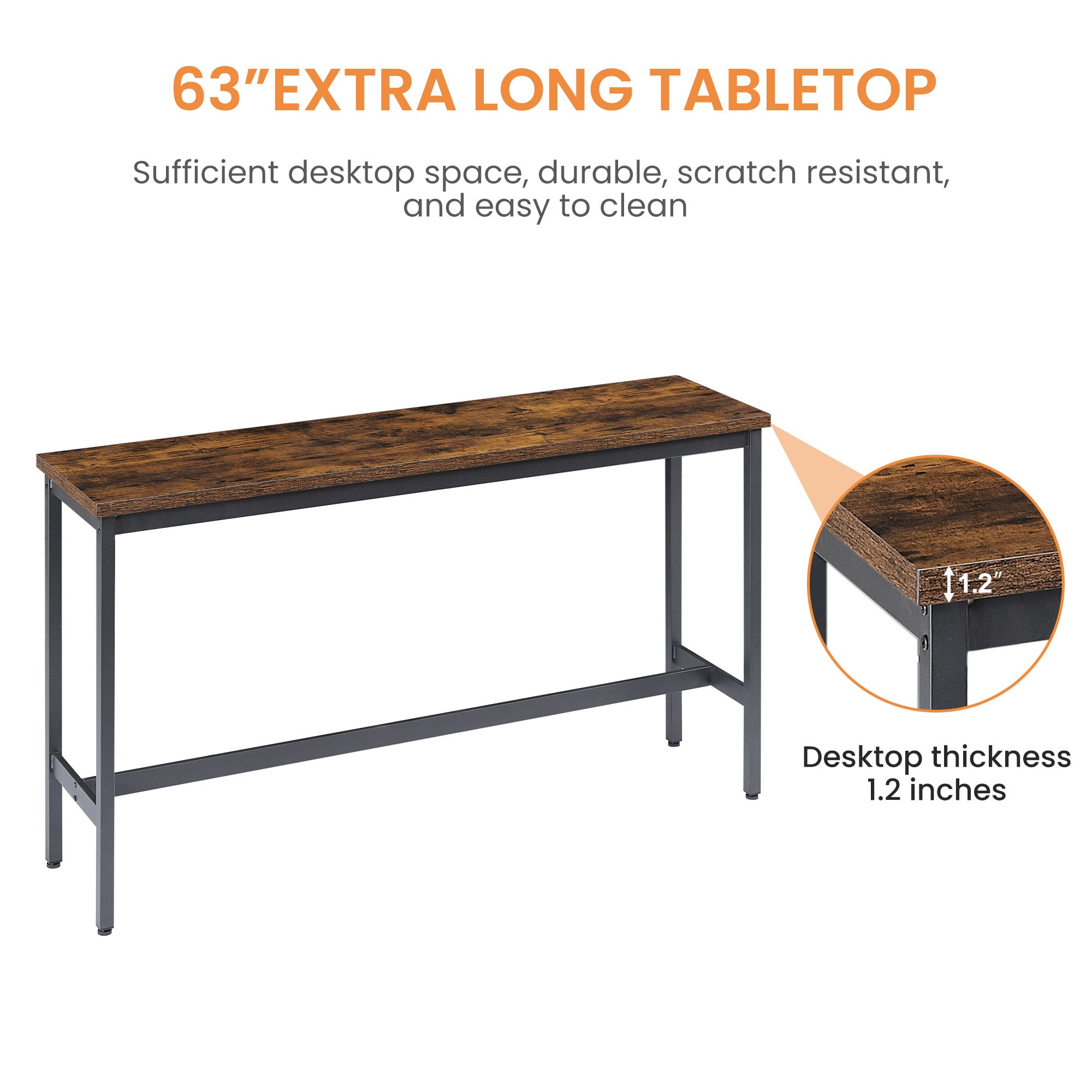 Long Bar Table Set with 3 PU Upholstered Bar Stools, Industrial Bar Table and Chairs for Kitchen Breakfast Table, Living Room, Banquet Hall, Rustic Brown and Black, 63″L x15.7'W x 37.5'H - Grand Goldman Shop