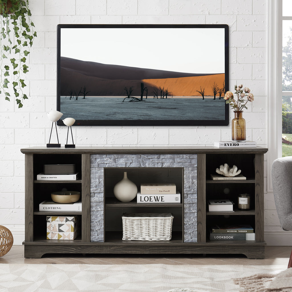 Mantel Stone TV Media Stand with with Faux Stacked Stone Surround, Modern Entertainment Console with Open Storage Space,Grey, 58.31'W*15.39'D*26.06'H - Grand Goldman Shop