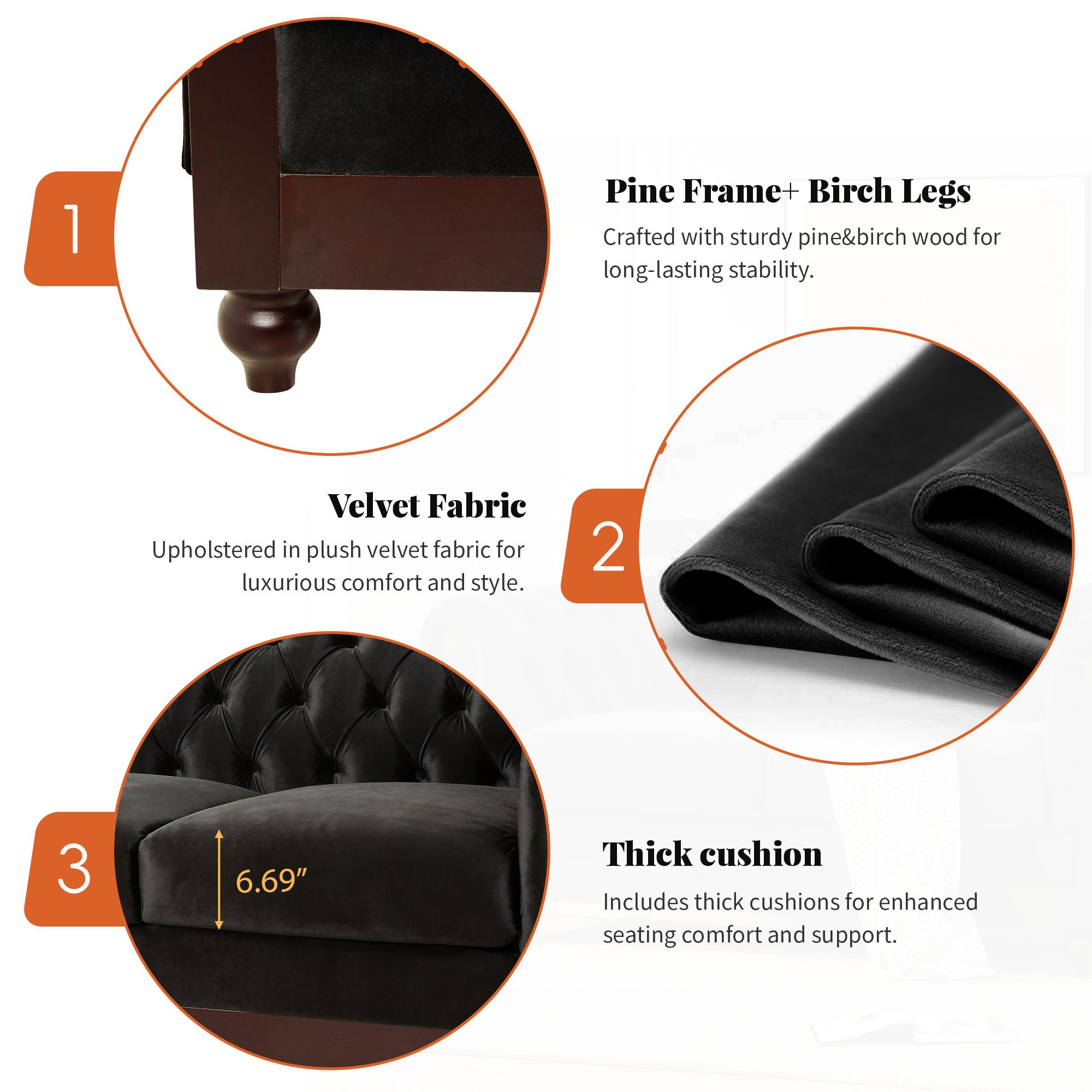 VIVALUX Chesterfield Velvet Loveseat Sofa, 2-Person Rolled Arm Upholstered Couch, Black, Pine Wood Frame, 59.44' - Grand Goldman Shop