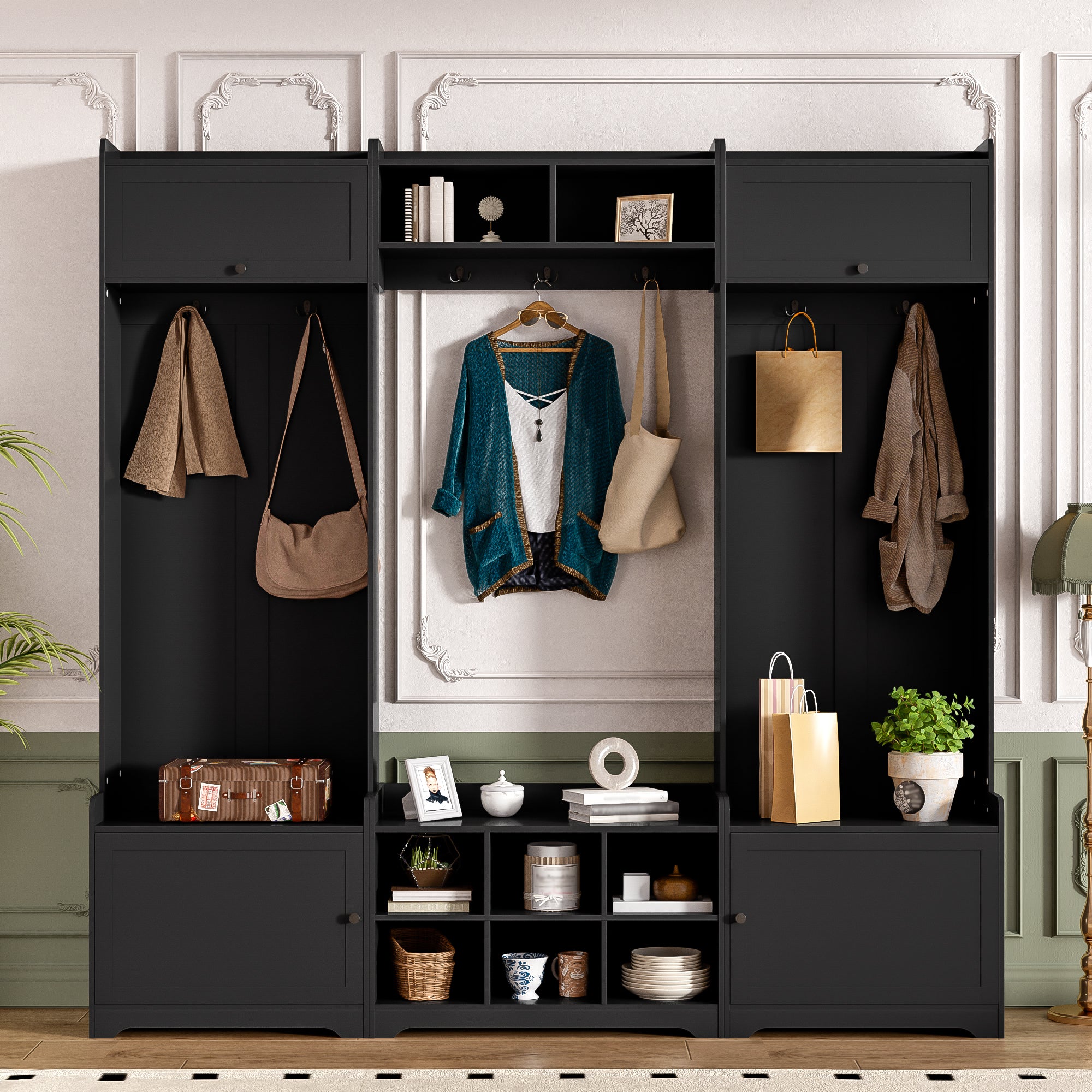 VIBE HAUS 79.1''Wide Modern Hall Tree with Shoe Storage, 4-in-1 Entryway Bench with 8 Cubbies, 7 Coat Hooks & Adjustable Shelf for Hallway, living room, Black - Grand Goldman Shop