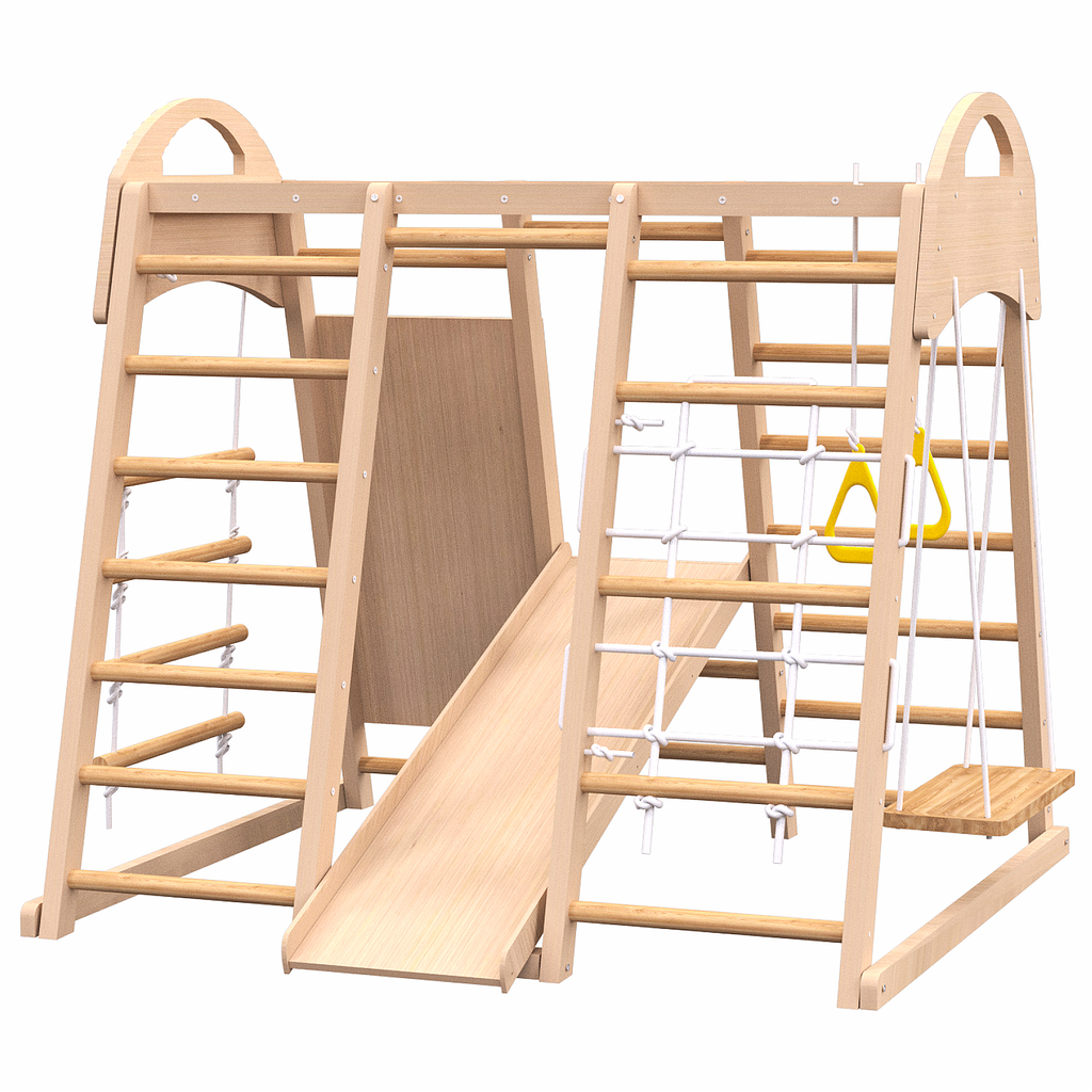 Indoor Playground 7-in-1 Jungle Gym Playset for Kids 2-6yrs - Slide, Climbing Wall, Rope Wall Climber, Monkey Bars, Swing - W