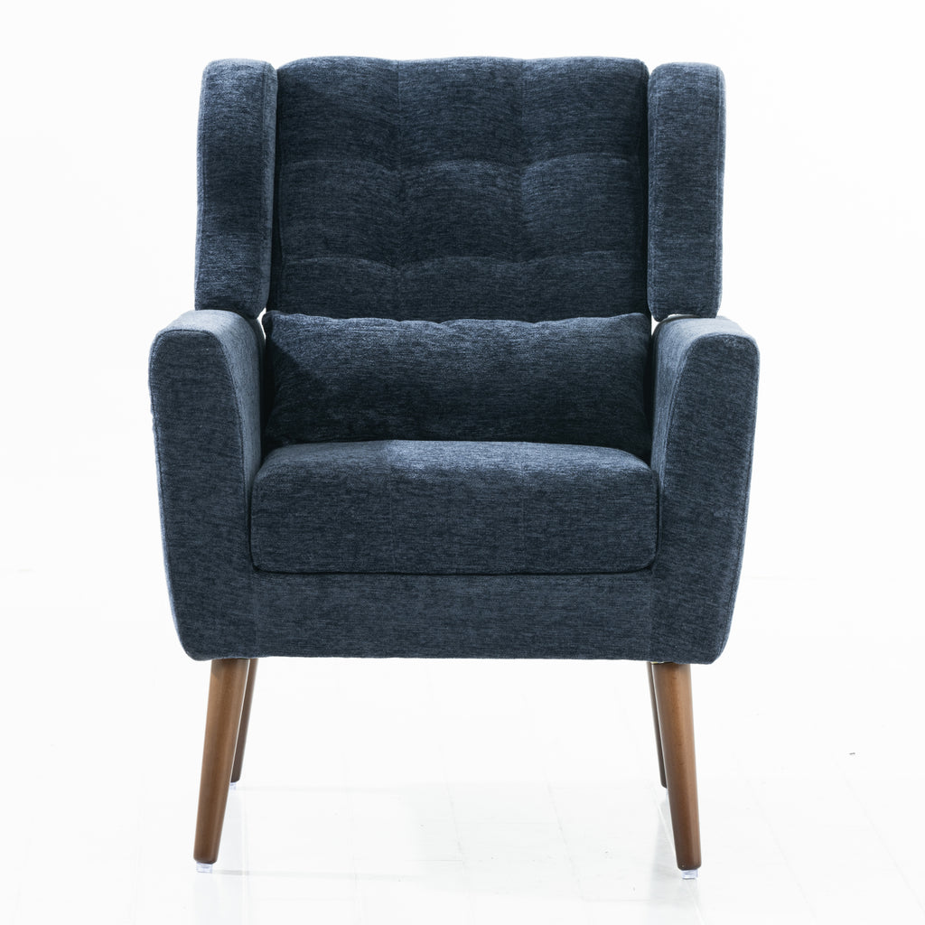 Modern Accent Chair,Chenille Arm Chairs for Living Room,Upholstered Mordern Armchair,Comfy Soft Padded Lounge Chair in Small Space, Bedroom, w/Pillow, Solid Wood Leg (Dark Blue) - Grand Goldman Shop