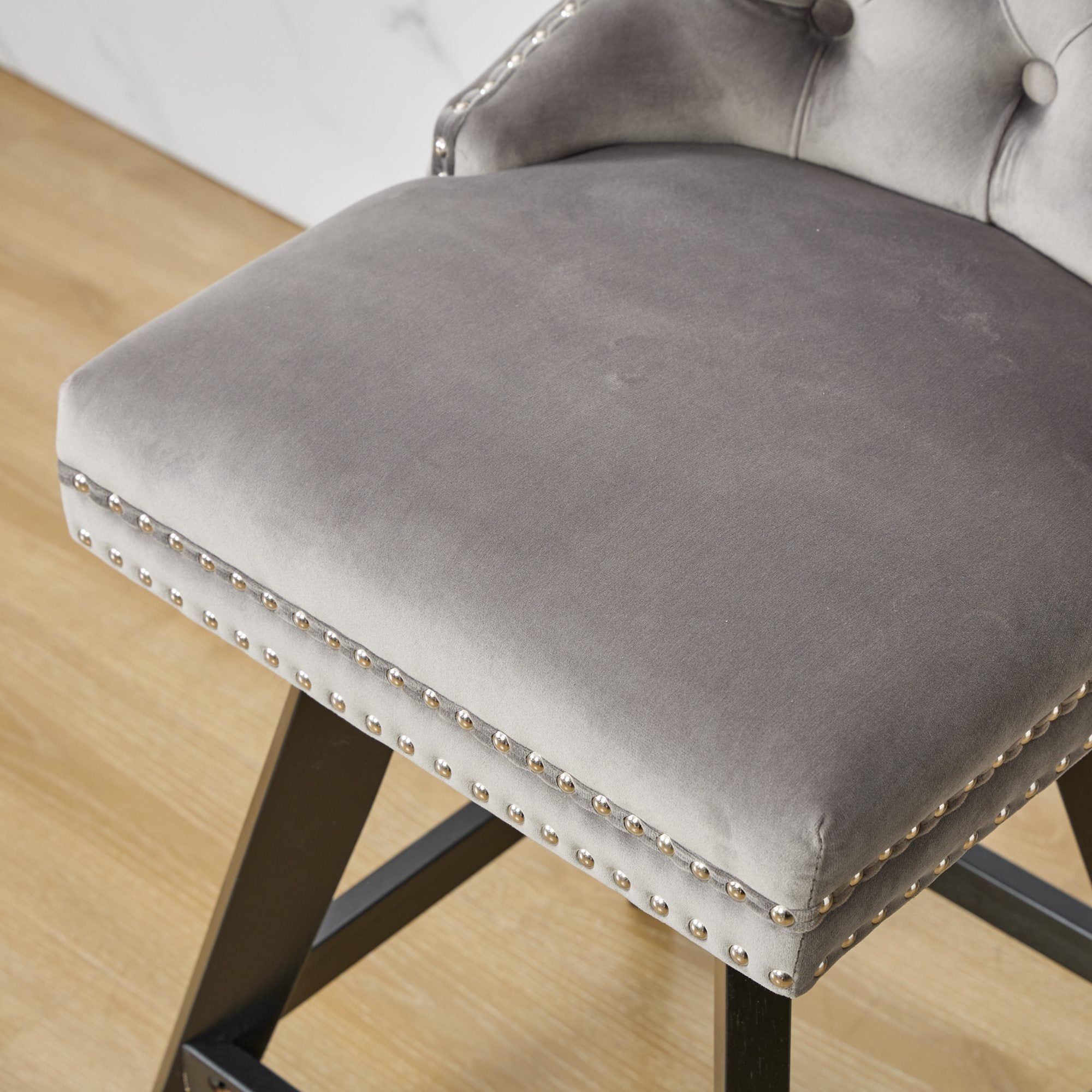 Swivel Velvet Barstools with Button Tufted Decoration and Wooden Legs, and Chrome Nailhead Trim, Leisure Style Bar Chairs,Bar stools, Set of 2 (Gray),SW1860GY - Grand Goldman Shop
