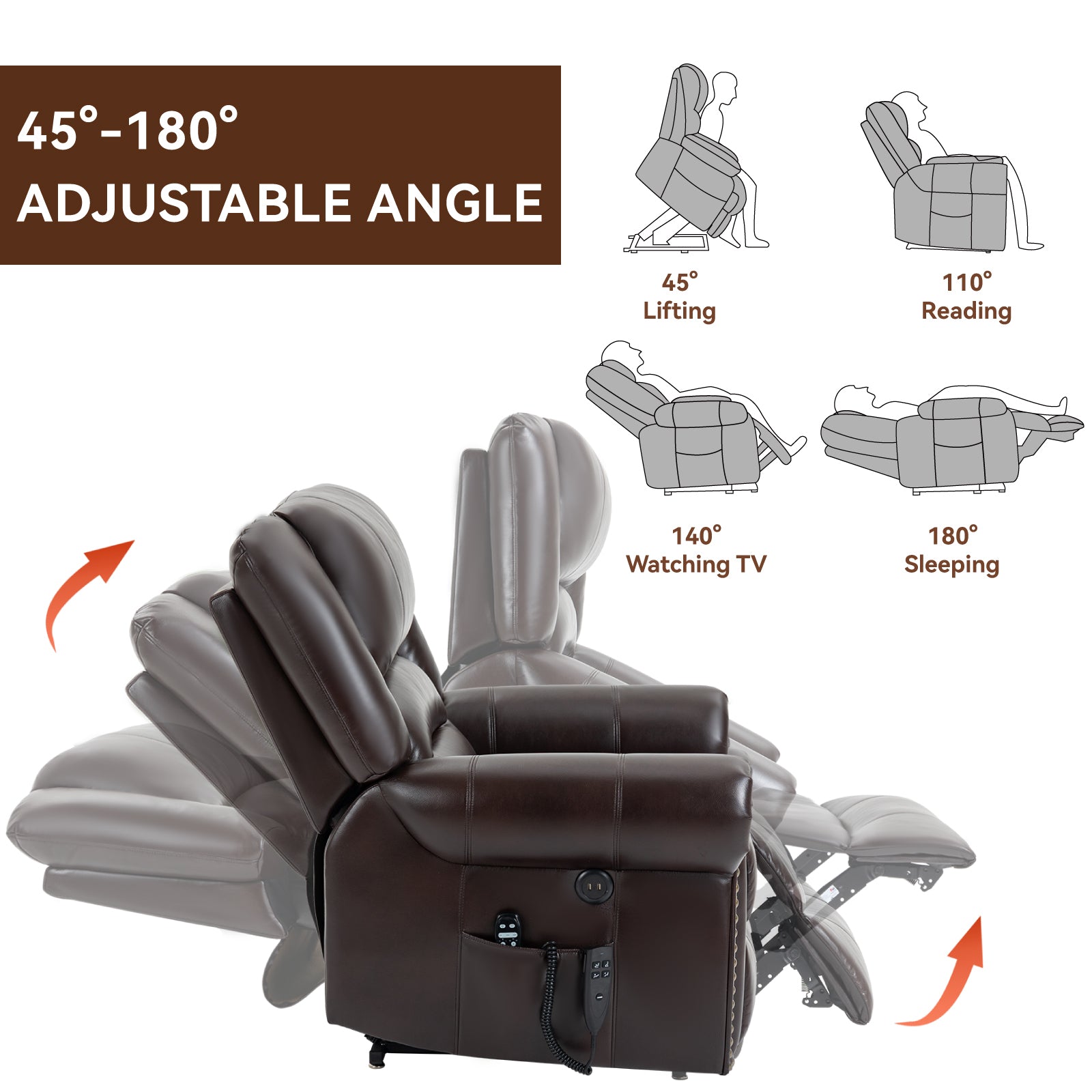 Power Lift Recliner Chair Heat Massage Dual Motor Infinite Position Up to 350 LBS, Faux Leather, Heavy Duty Motion Mechanism with USB Ports, Brown - Grand Goldman Shop
