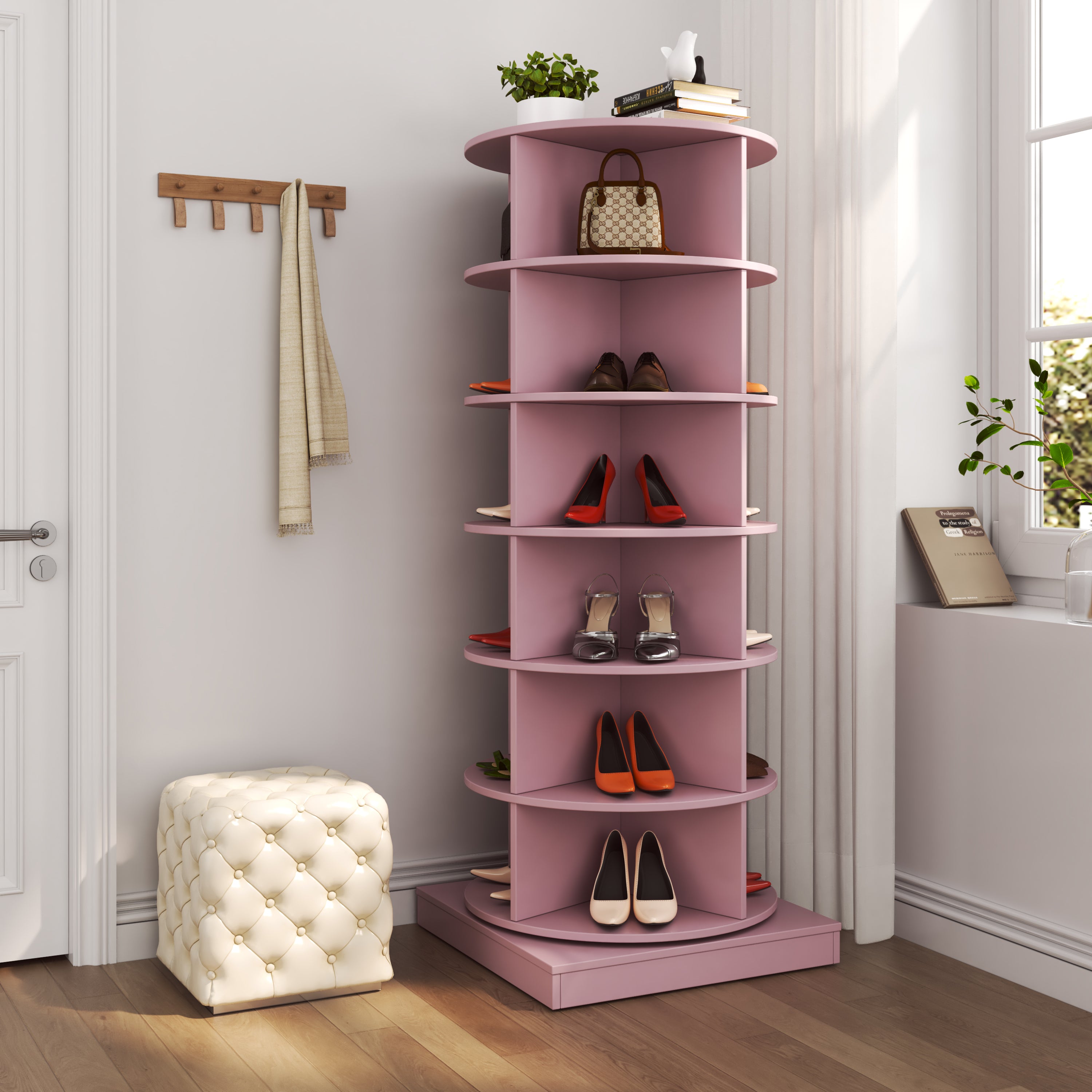Modern Pink 360 Rotating Shoe Cabinet with 6 Layers for Space-Saving Organization, Plywood, Large Capacity - Grand Goldman Shop