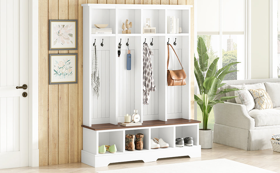 Farmhouse Hall Tree with 8 Hooks, Practical Entryway Bench with Open Compartments, 76.7'H Modern 3-in-1 Wooden Style Coat and Shoe Rack for Mudroom, Living Room, White (OLD SKU: N721P292601K) - Grand Goldman Shop