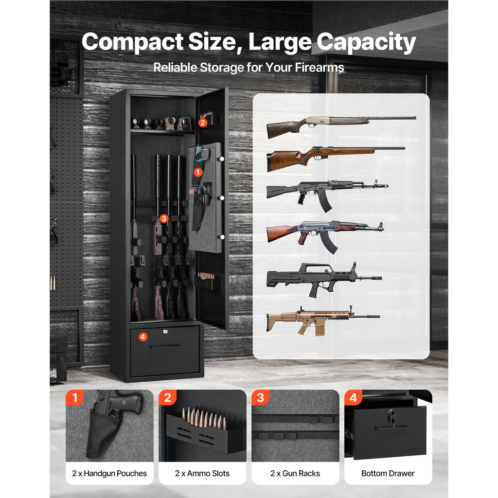 Stylish 4 Gun Safe, Long Gun Cabinet for Rifles and Pistols, Quick Access Rifle Safe with 2 Ammo Slots, 2 Pistol Pockets & 2 