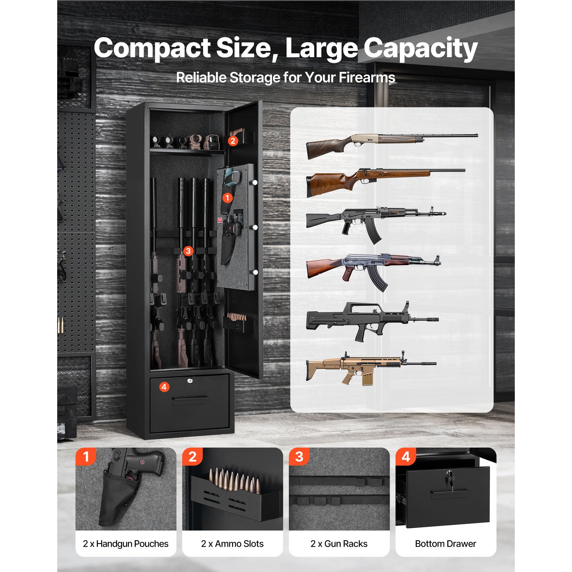 Stylish 4 Gun Safe, Long Gun Cabinet for Rifles and Pistols, Quick Access Rifle Safe with 2 Ammo Slots, 2 Pistol Pockets & 2 