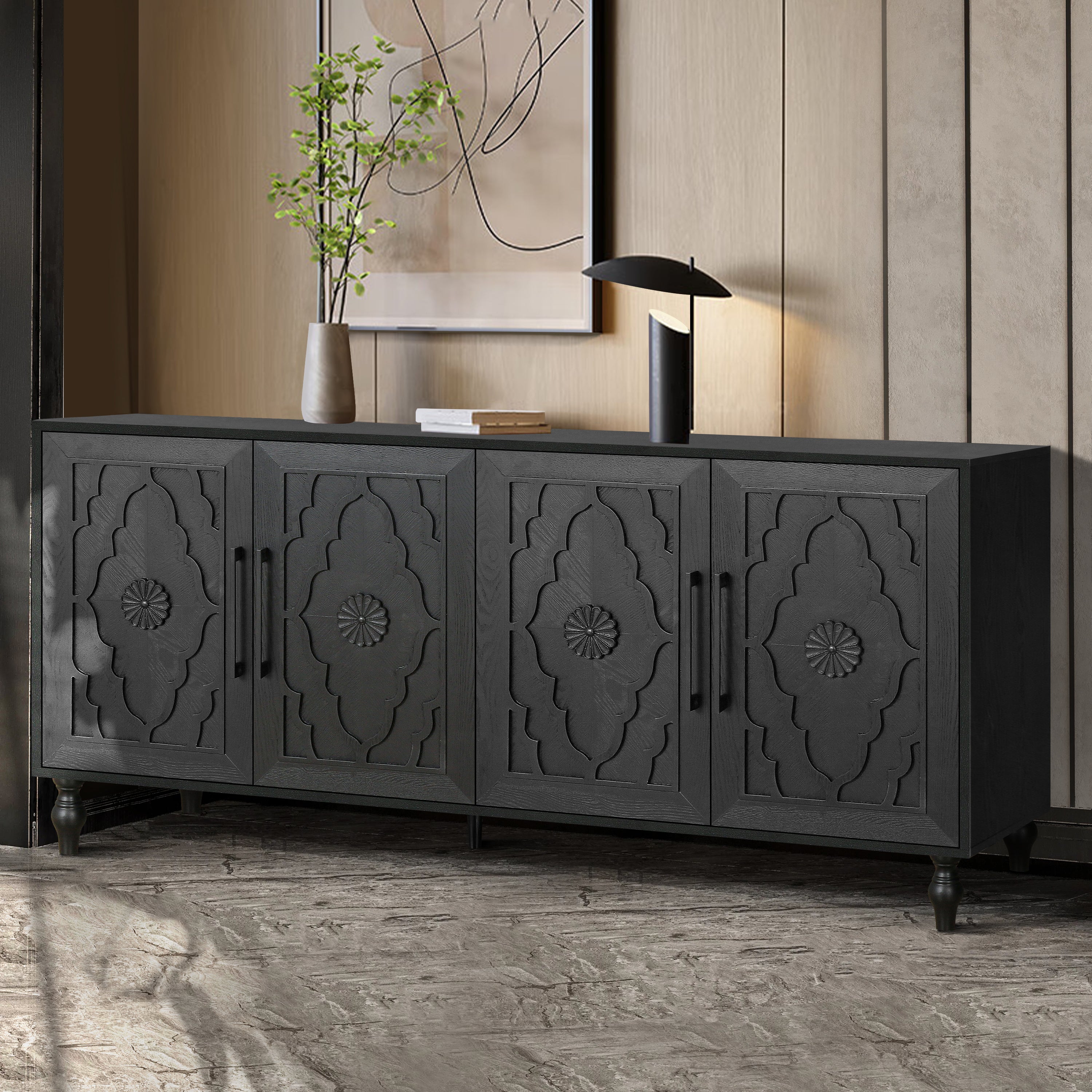 Carved Flower Door Large Storage Cabinet With Metal Handle Suitable For Living Room, Kitchen, Entryway(BLACK) - Grand Goldman Shop