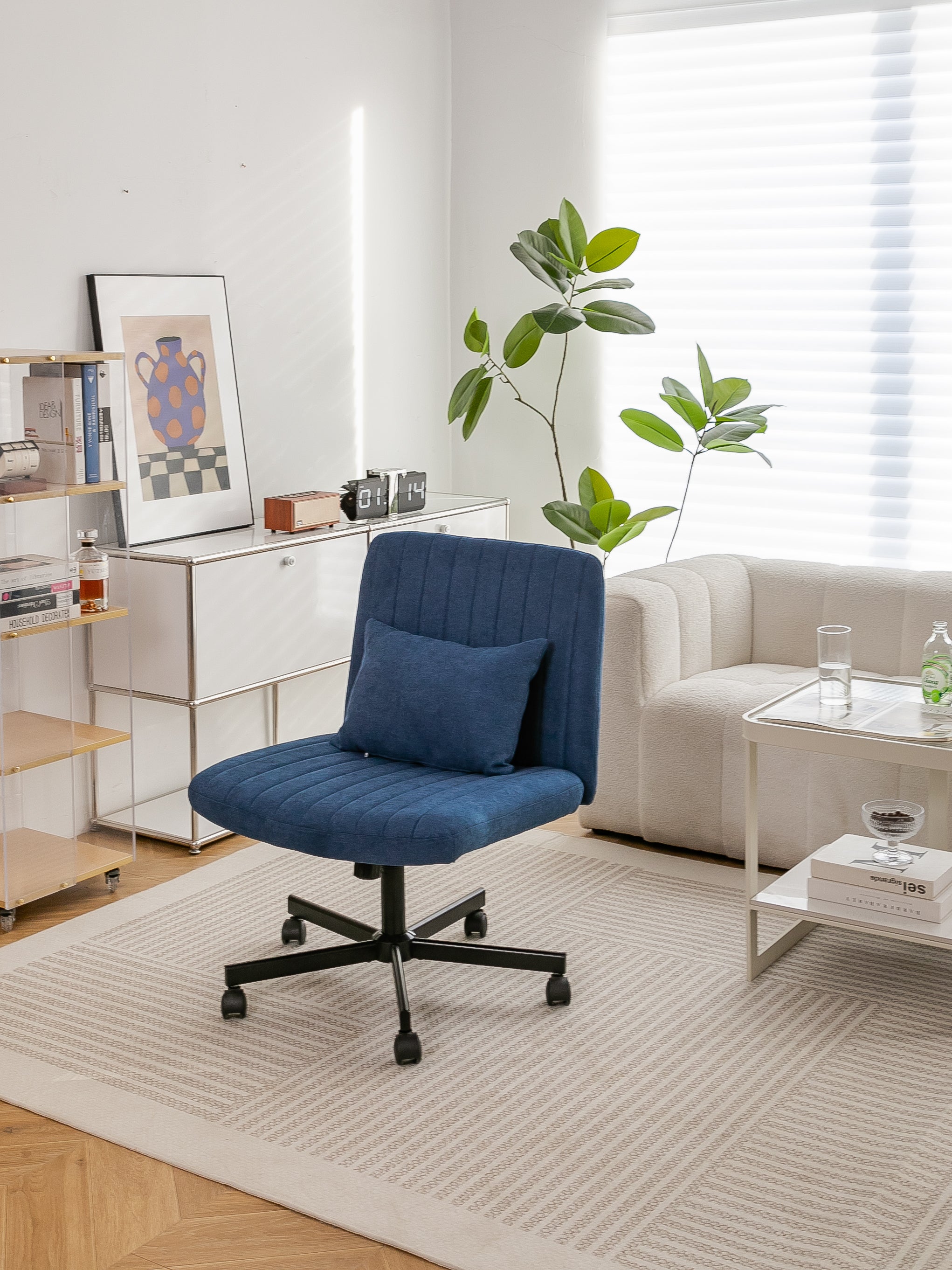 Modern Linen Blue Criss Cross Office Chair with Adjustable Height, Ergonomic Design, and Breathable Fabric in Blue Linen Mate