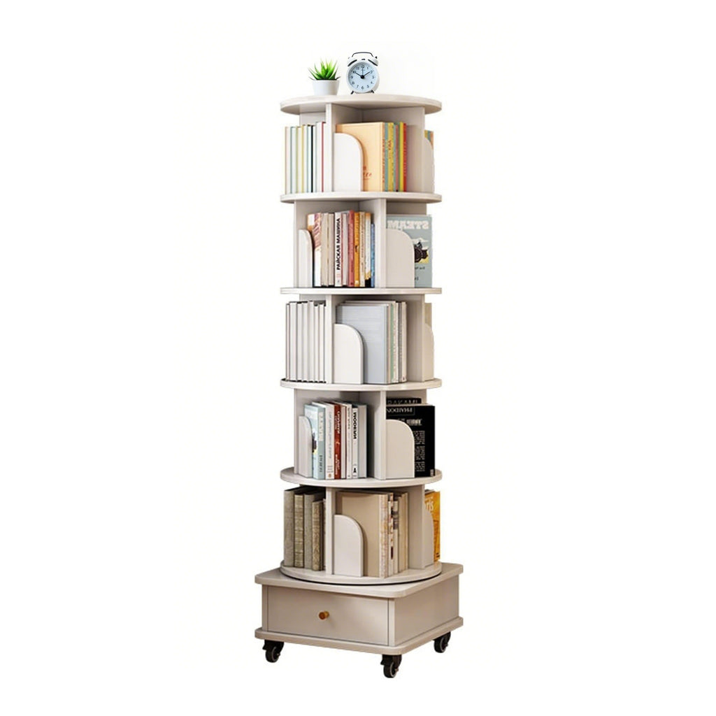 6 Tier Rotating Bookshelf, 360° Display Round Spinning Bookshelf with Wheels and Drawer, Space-Saving, Small Space Rotating Bookshelf Tower for Bedroom, Living Room, Home, Office, Warm White - Grand Goldman Shop