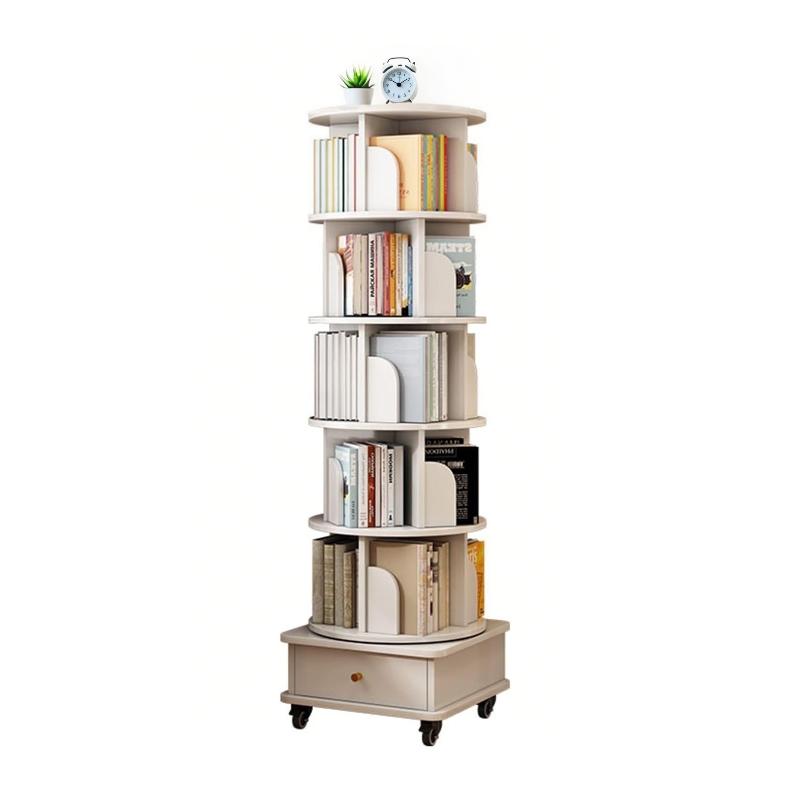 6 Tier Rotating Bookshelf, 360° Display Round Spinning Bookshelf with Wheels and Drawer, Space-Saving, Small Space Rotating Bookshelf Tower for Bedroom, Living Room, Home, Office, Warm White - Grand Goldman Shop