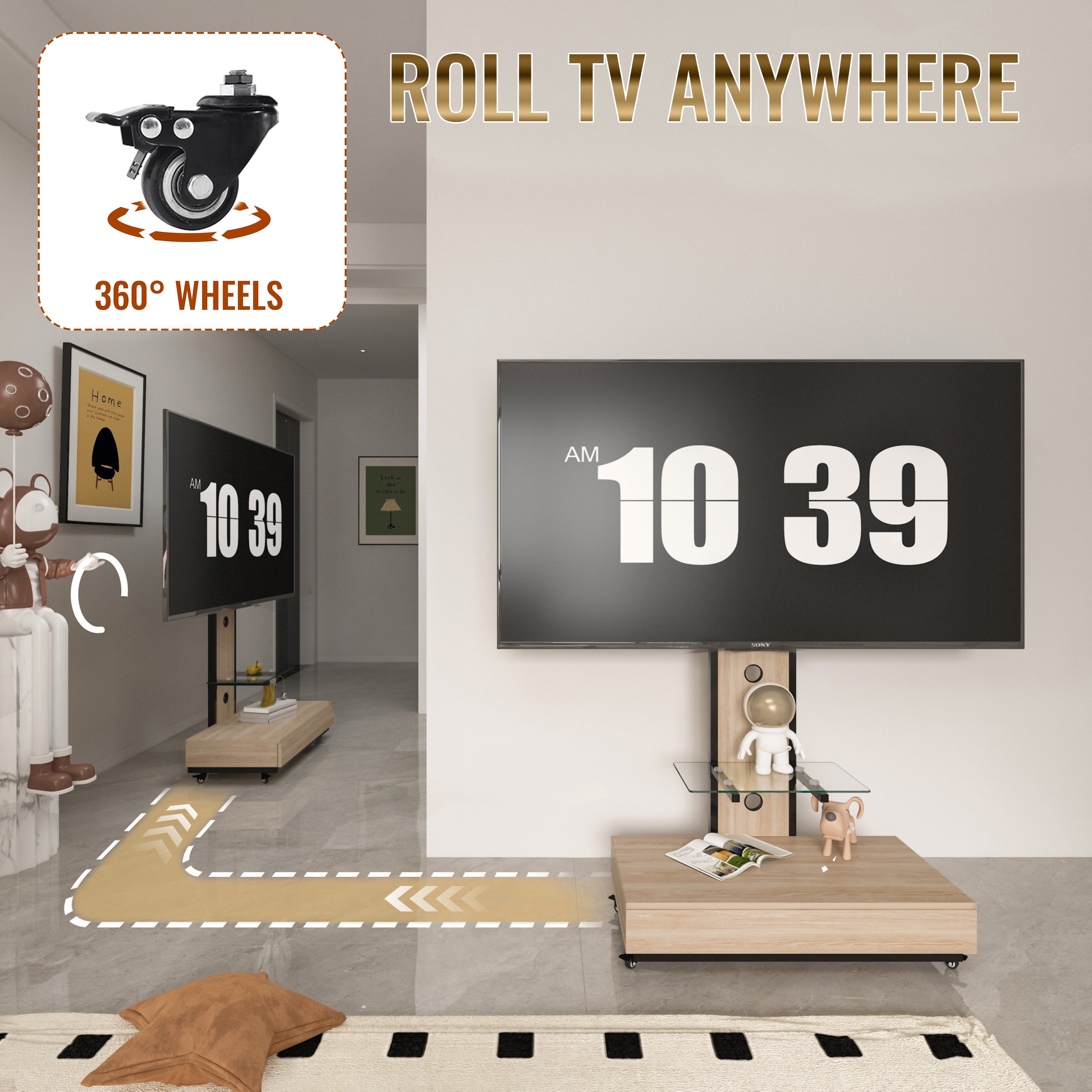 Mobile TV Cart with Push-Pull Drawer for 32-75 Inch TVs, Natural Wood & Glass Stand with Lockable Wheels - Grand Goldman Shop