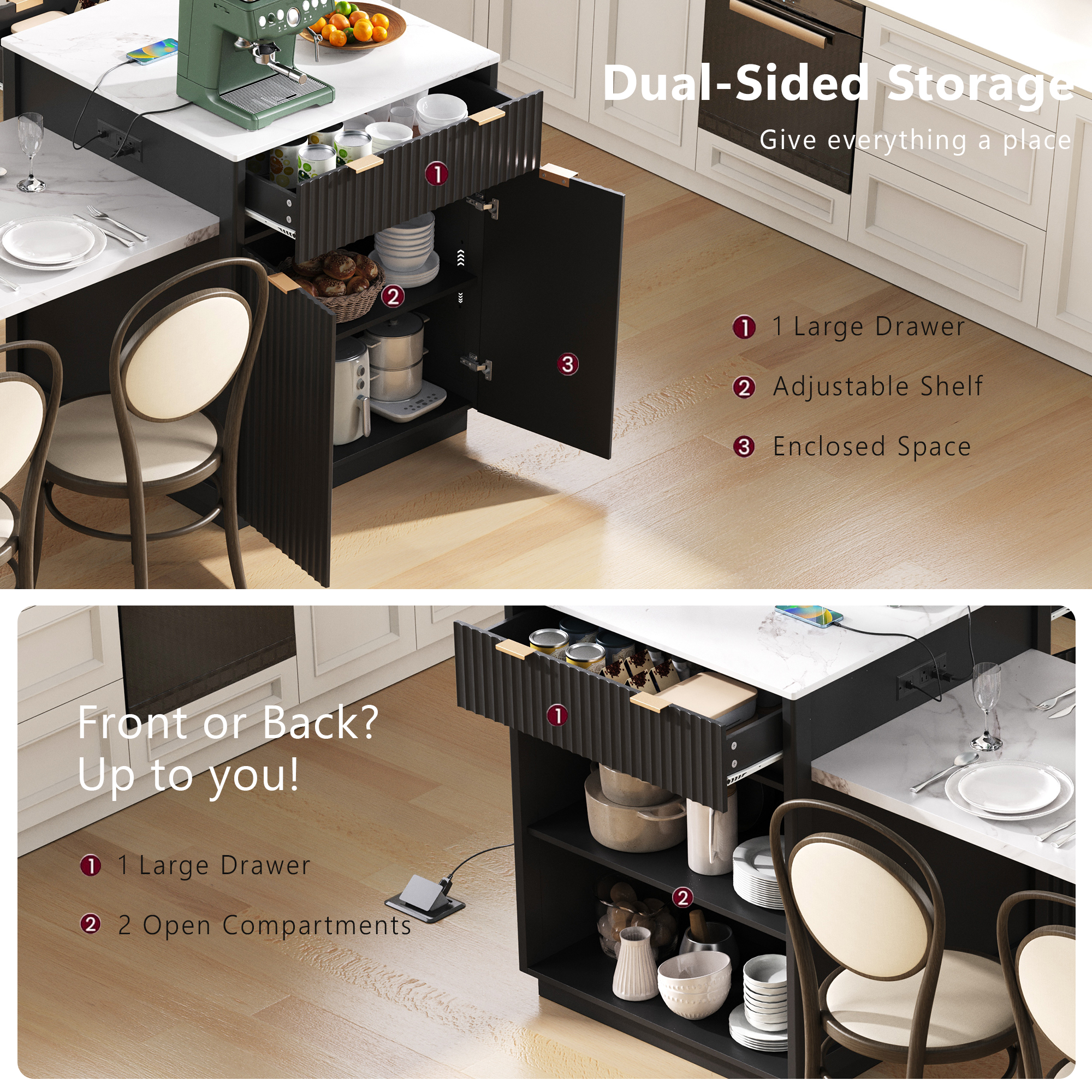 K&K 82.6' Fluted Kitchen Island with Extendable Dining Table for 4-6, Island Table for Kitchen with Power Outlet, Kitchen Table with Double-Side Storage, 2 Drawers 2 Side Open Shelves, Black - Grand Goldman Shop