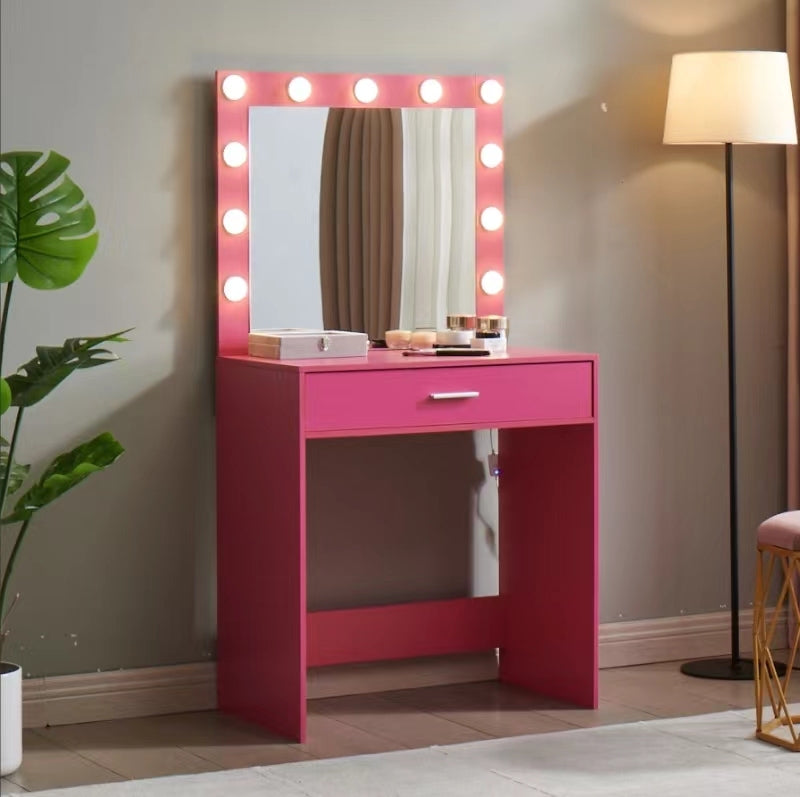 Vanity Desk with Mirror and Lights, Dressing Table with Large Drawer, 1 Level Storage Dresser & 3 Lighting Modes Adjustable Brightness, Suitable for Bedroom(Pink) - Grand Goldman Shop