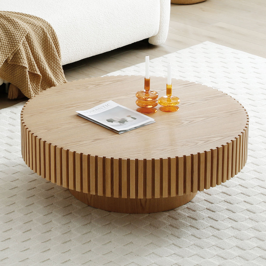 Natural Wood Coffee Table 39.37 MDF coffee table Modern Handcraft Drum Coffee Table  Circle Coffee Table for Living Room,ASH - Grand Goldman Shop