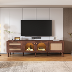 Dark Brown Rattan-inspired TV Stand with 3 Cabinets & 2 Drawers, LED Light Media Console for TVs up to 80'', MDF & Solid Wood Construction - Grand Goldman Shop