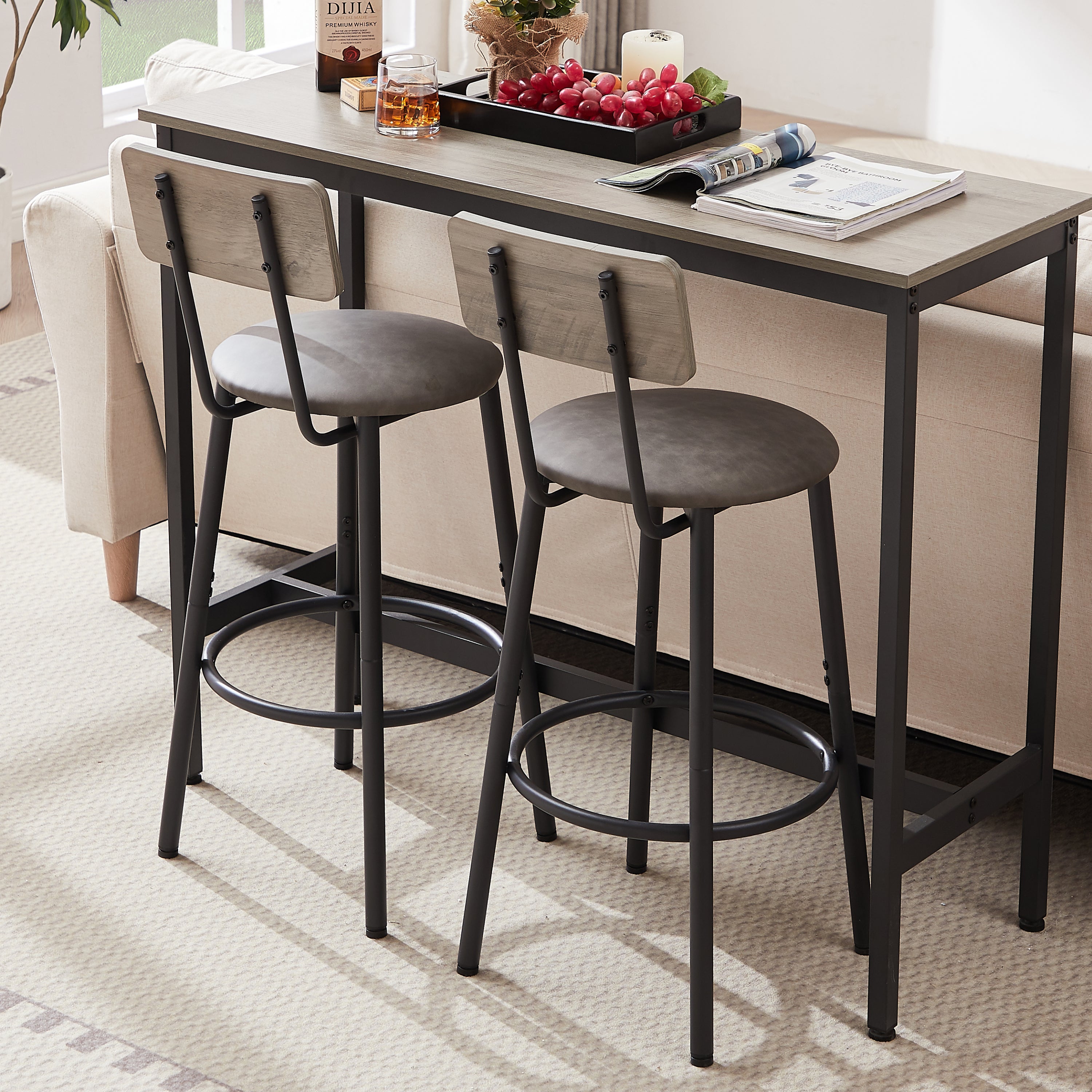 Bar Table Set with 2 Bar stools PU Soft seat with backrest, Grey, 43.31'' L x 15.75'' W x 35.43'' H. - Grand Goldman Shop
