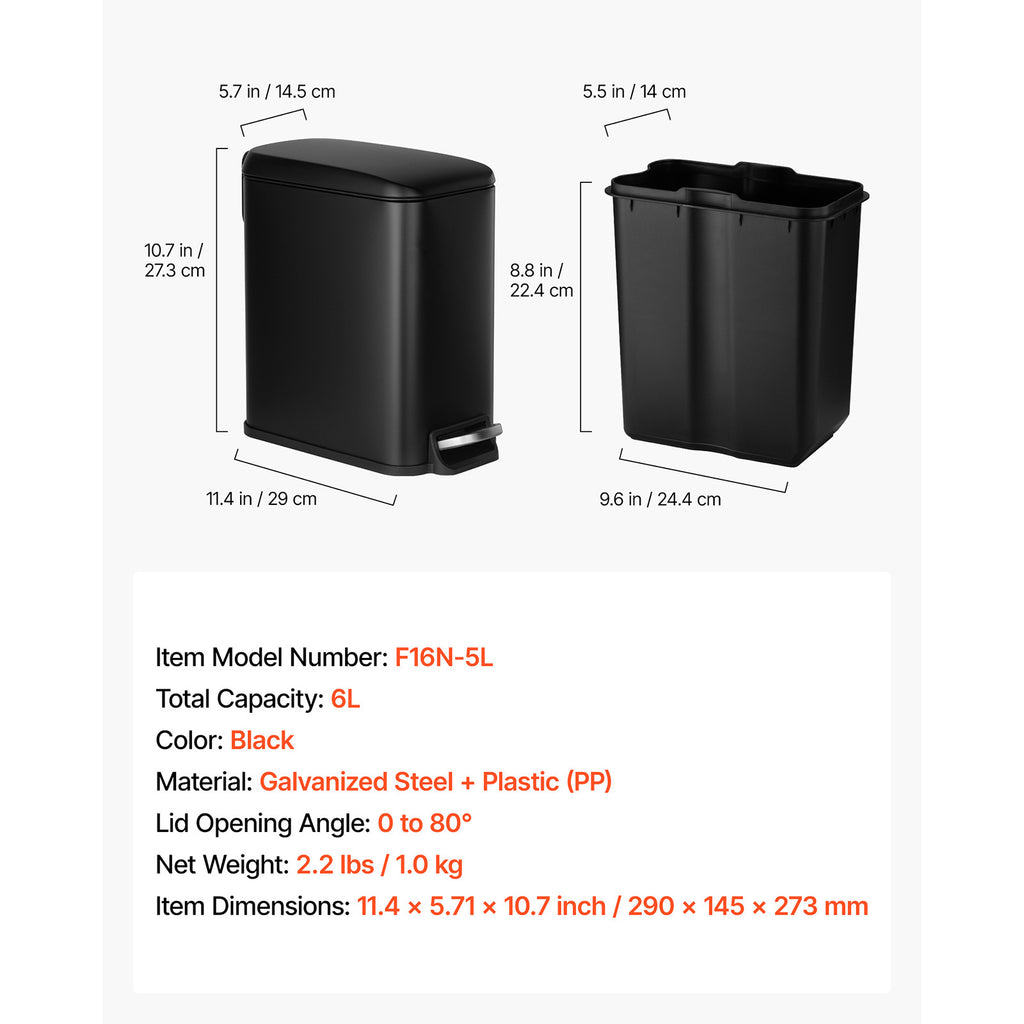 Slim Bathroom Trash Can, 11.4 x 5.71 x 10.7 Inch Small Bedroom Trashcan with Step Pedal & Soft Close Lid, 6L Steel Garbage Can with Detachable Inner Bin, for Kitchen, Home, Dorm, Office, Black - Grand Goldman Shop