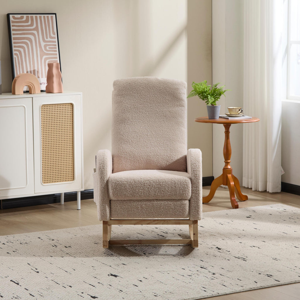Modern Accent Rocking Chair Rocking Chair with Solid Wood Legs, Upholstered Nursery Glider Rocker Side Pocket and Footrest, Living Room Lounge Arm Chair with High Backrest (beige,teddy) - Grand Goldman Shop