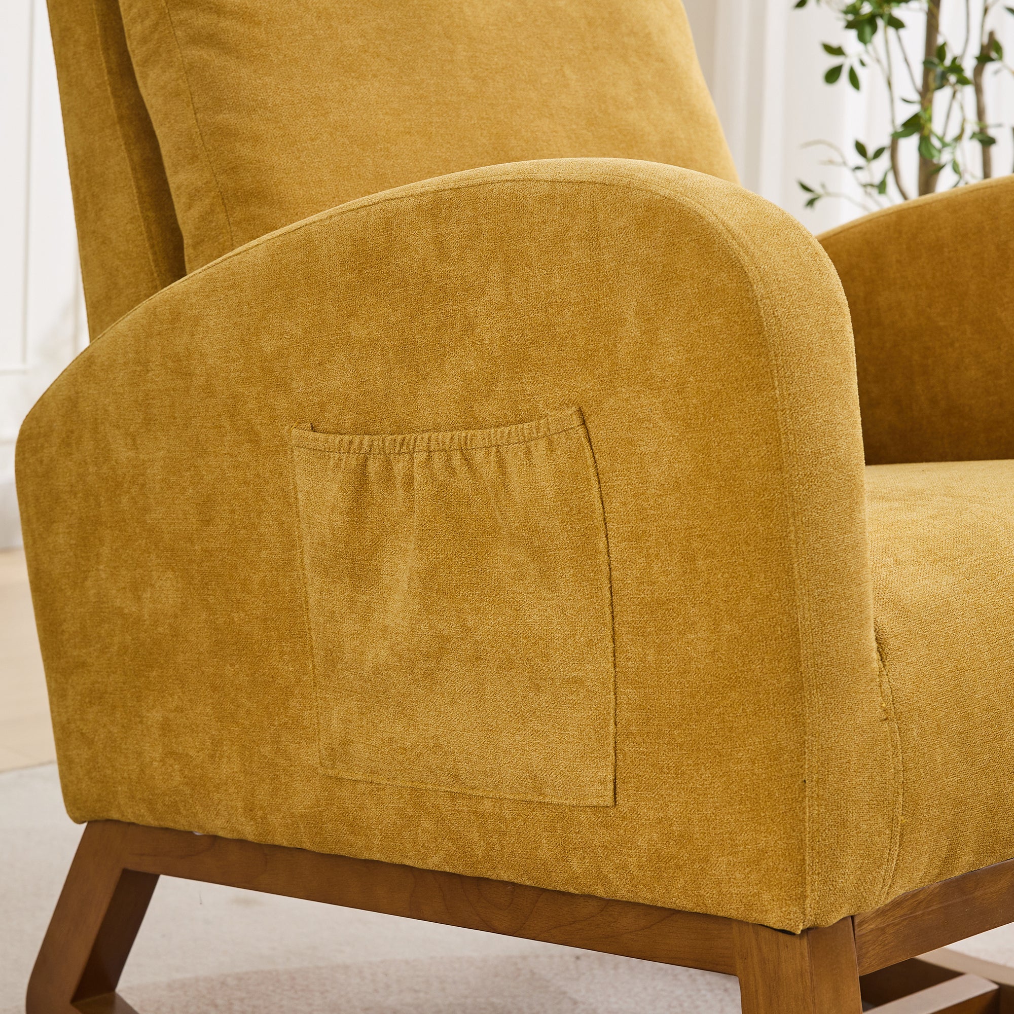 27.2'W Rocking Chair for Nursery, Polyester Glider Chair with High Back and Side Pocket, Rocking Accent Armchair with Rubber Wood Legs for Living Room/Bedroom.Mustard - Grand Goldman Shop
