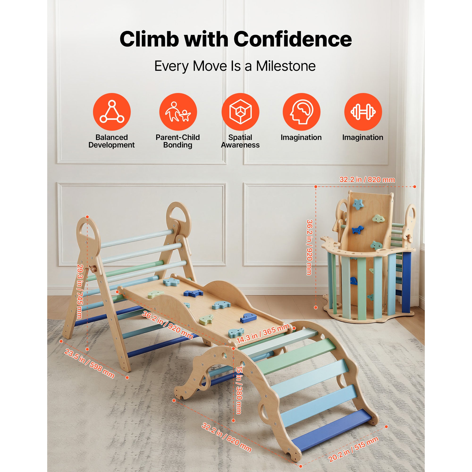 Pikler Triangle Set, 9-in-1 Toddler Climbing Toys Indoor, with 2 Wooden Cars, Cushion, Triangle, Arch, and Ramp, 150 lbs Load