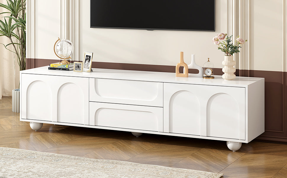 ON-TREND Cream Style TV Stand with Arched Doors & 2 Drawers for TVs up to 75', Minimalist Media Console with Rebound Device, Entertainment Center with 5 Iron Round Legs for Living Room, Bedroom, White - Grand Goldman Shop