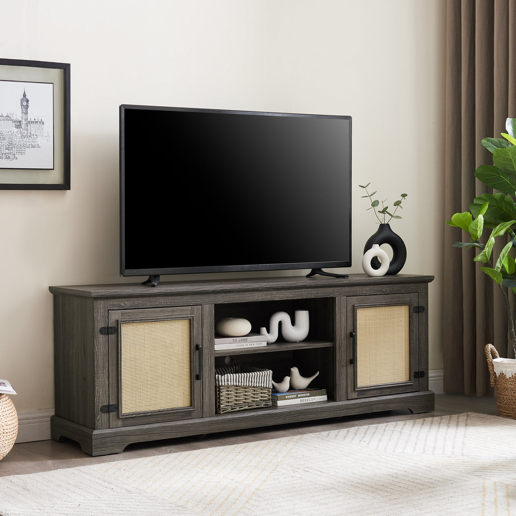 Farmhouse Rattan TV Stand Console Table for TVs up to 70 Inches, TV Console Table with 2 Storage Shelves, 2 Natural Rattan Door Cabinets, 65'W*15.55'D*23.86'H, Gray - Grand Goldman Shop