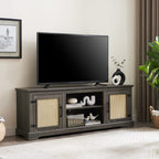 Farmhouse Rattan TV Stand Console Table for TVs up to 70 Inches, TV Console Table with 2 Storage Shelves, 2 Natural Rattan Door Cabinets, 65'W*15.55'D*23.86'H, Gray - Grand Goldman Shop