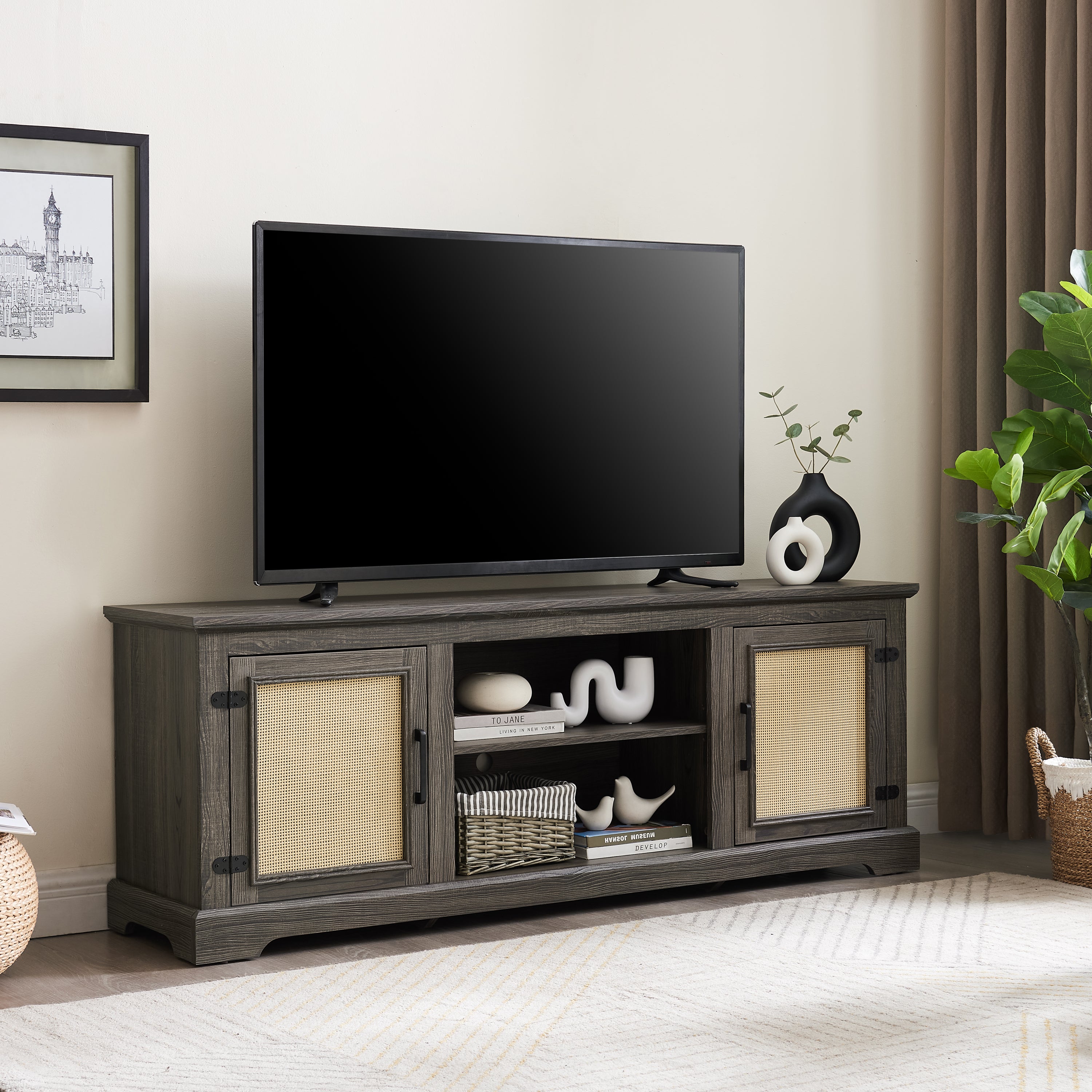 Farmhouse Rattan TV Stand Console Table for TVs up to 70 Inches, TV Console Table with 2 Storage Shelves, 2 Natural Rattan Door Cabinets, 65'W*15.55'D*23.86'H, Gray - Grand Goldman Shop