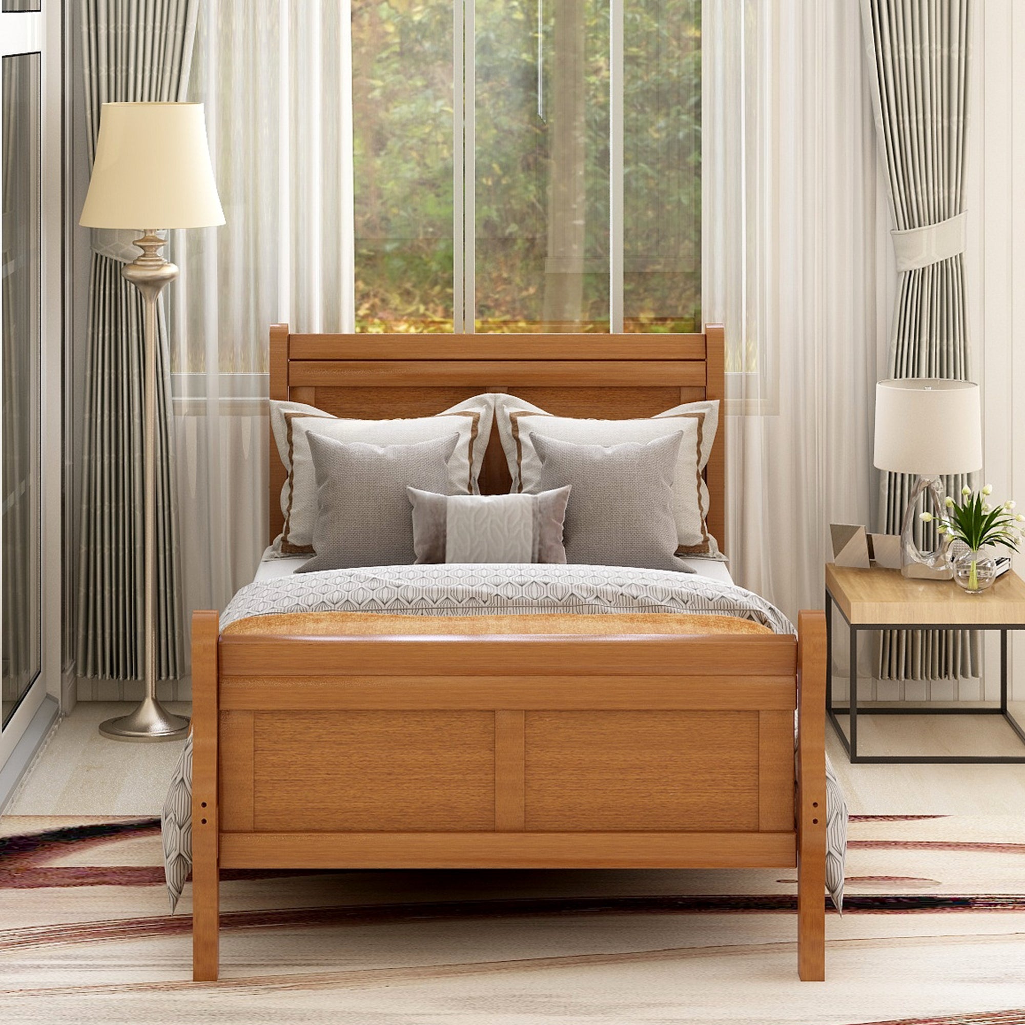 Minimalist Wood Platform Twin Bed Frame with Sleigh Headboard/Footboard and Wood Slat Support - Grand Goldman Shop