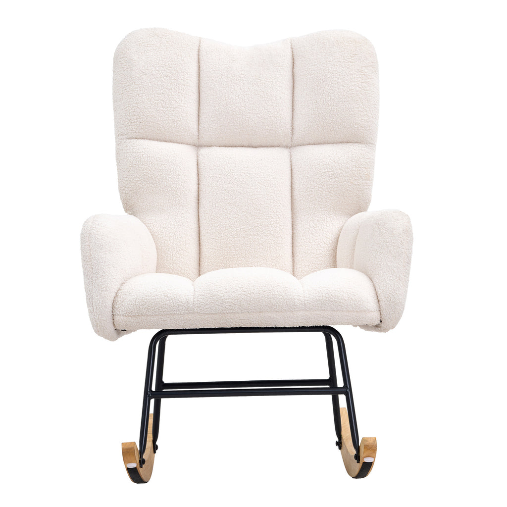 Rocking Chair Nursery, Glider Rocking Chair with Soft Seat and High Backrest, 250 lbs Weight Capacity Teddy Fabric, Upholstered Glider Rocker Chair for Nursery, Bedroom, Living Room, Ivory White - Grand Goldman Shop