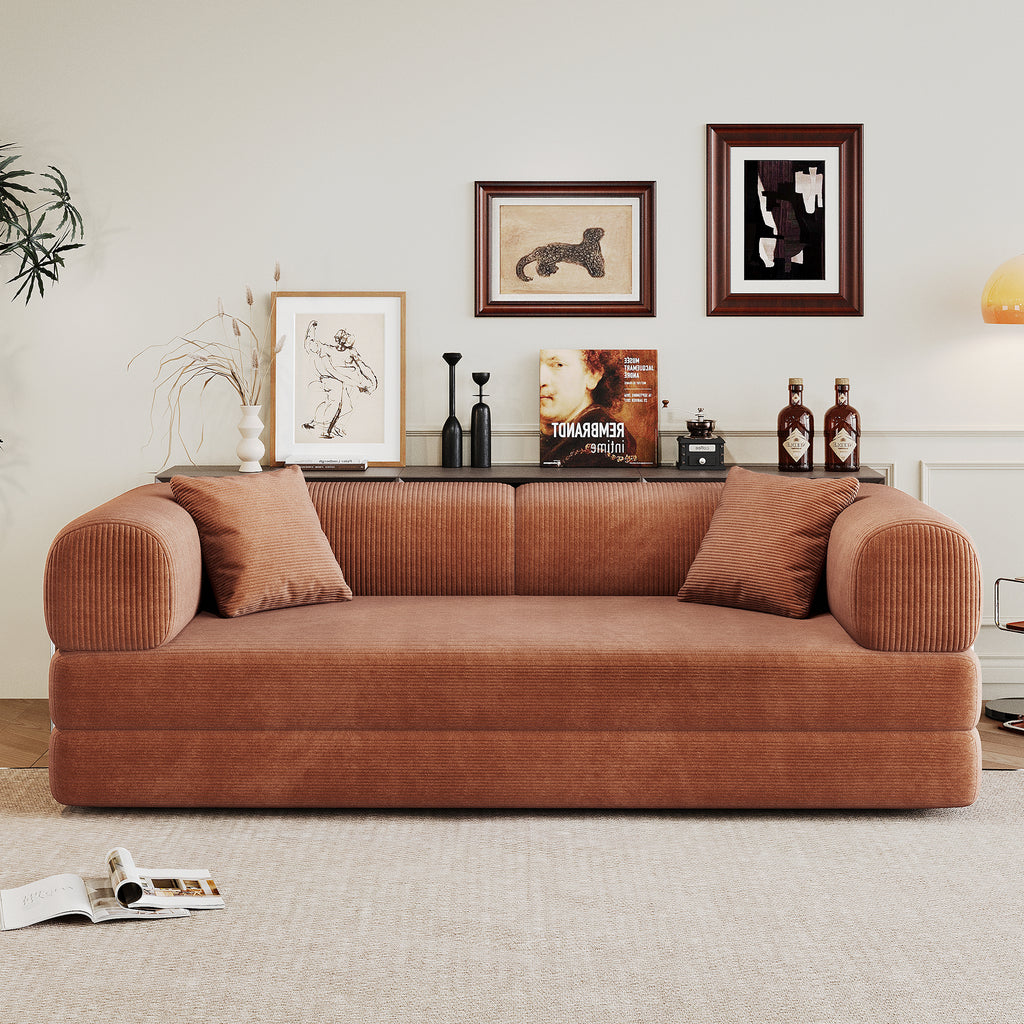 78.8' Compression Sofa,Convertible Floor Sofa Bed-with Pillow Back Support Armrest,Comfy Futon Couch Sleeper Bed,Loveseats Boneless Modular Sectional Sofa,Corduroy fabric,for Living Room,Bedroom,Brown - Grand Goldman Shop