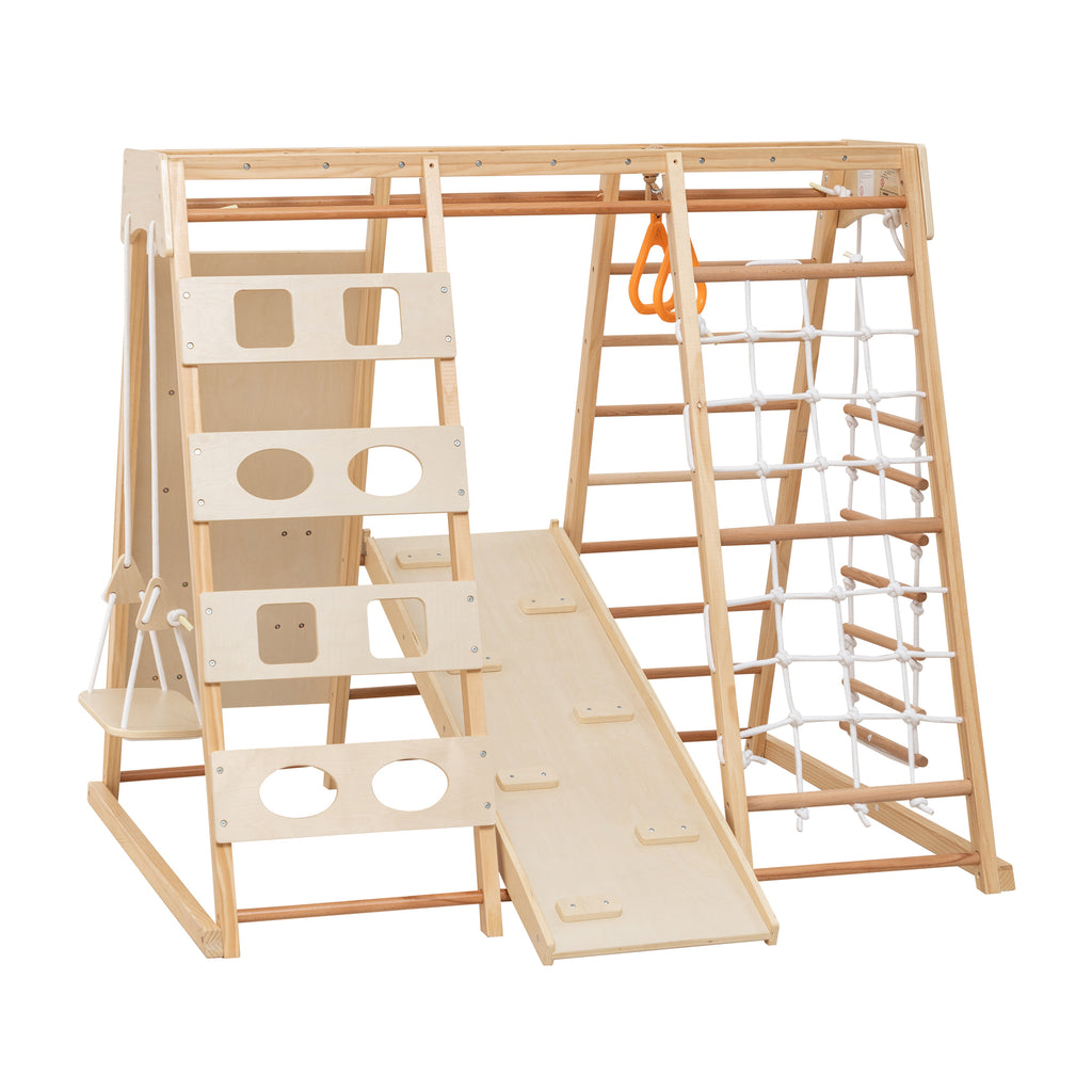 9-in-1 Slide and Climbing Wall for Toddlers 3+, Wooden Indoor Play Structure, Heavy Duty 176 lbs Capacity, Safe Rounded Edge 