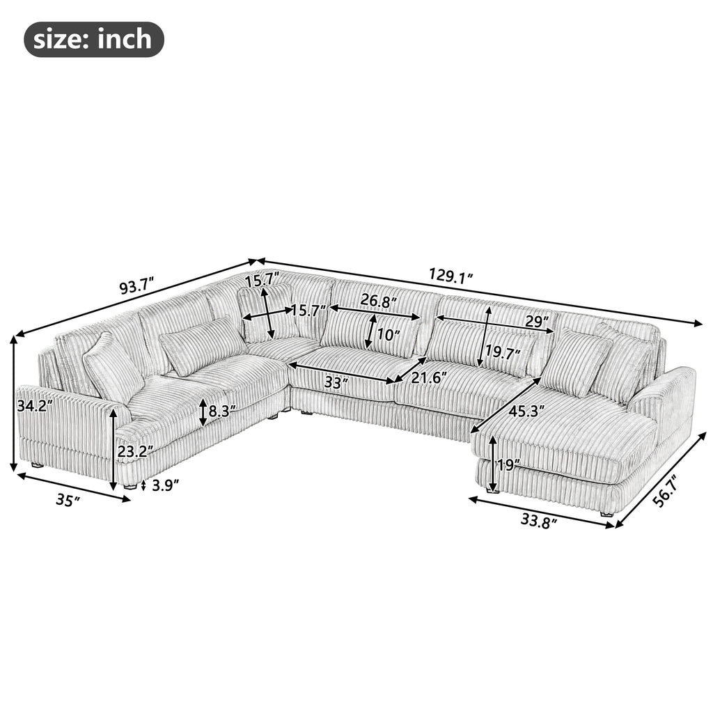 Modern Oversized U-shaped Sectional Sofa with Chaise Lounge in Beige Corduroy, 129' - Grand Goldman Shop