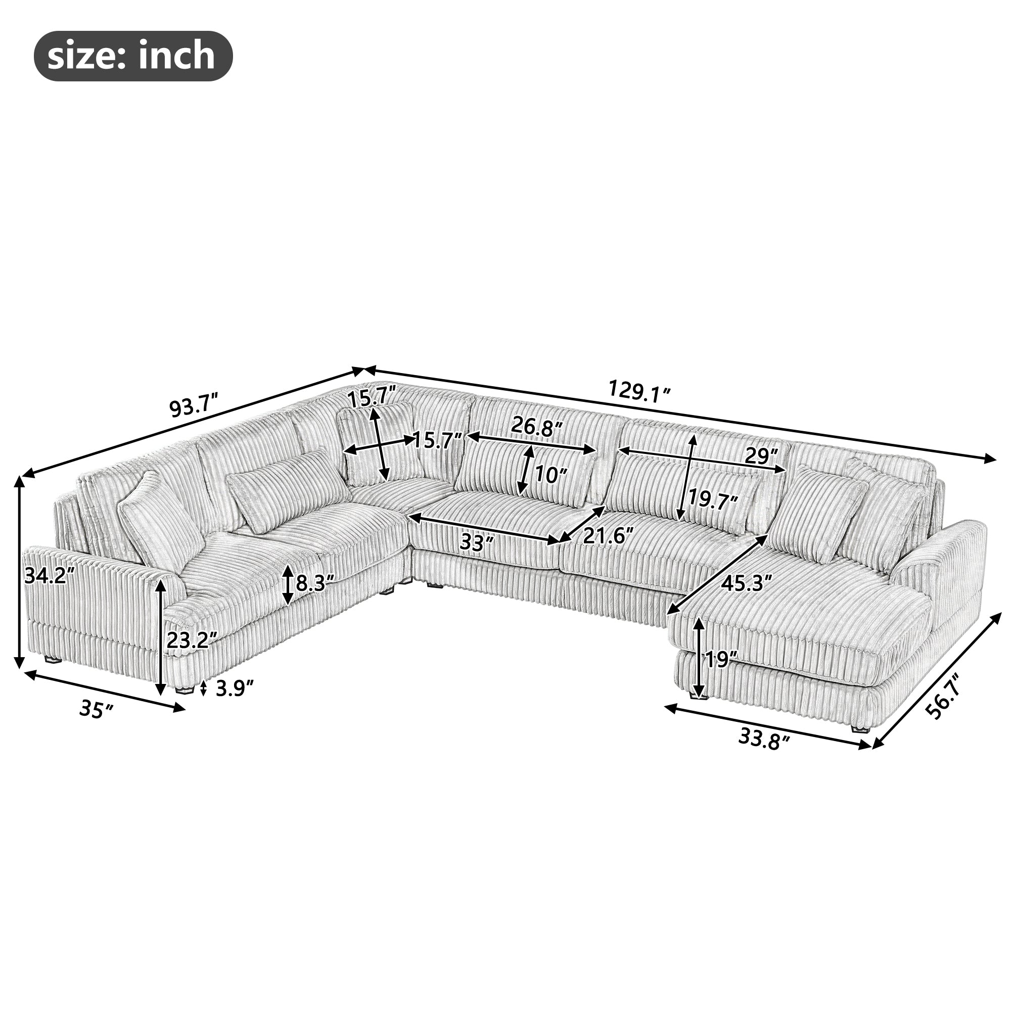 Modern Oversized U-shaped Sectional Sofa with Chaise Lounge in Beige Corduroy, 129' - Grand Goldman Shop