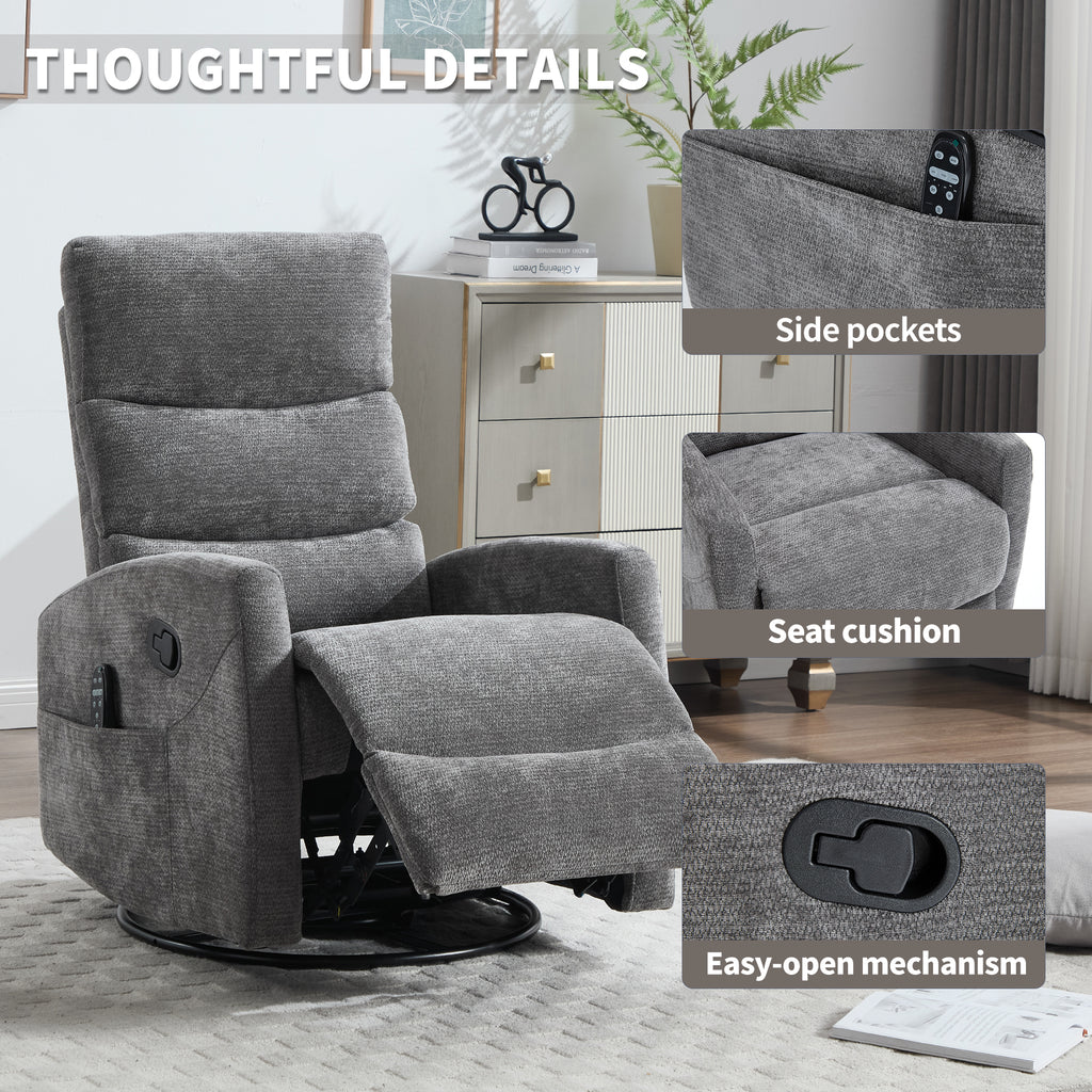 Heat Massage Manual Recliner Chair with Rocker and Swivel in Fabric for Living Room, GREY - Grand Goldman Shop