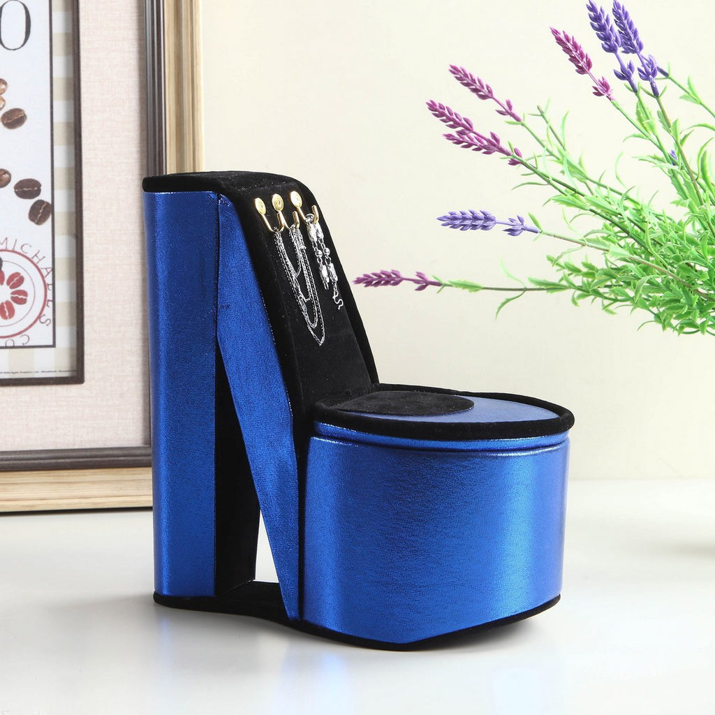9' Tall Display Jewelry Box with Hooks, High Heel Shoe Design, Blue Velvet - Grand Goldman Shop