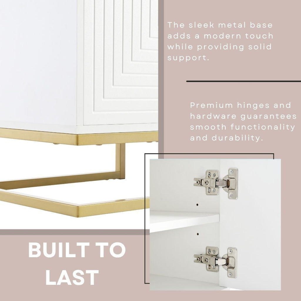 ON-TREND Modern TV Stand with Metal Legs and Gold Handles for TVs Up to 80'', Media Console Table with Cabinets and Adjustable Shelves, Luxury TV Cabinet with Geometric Lines for Living Room, White - Grand Goldman Shop