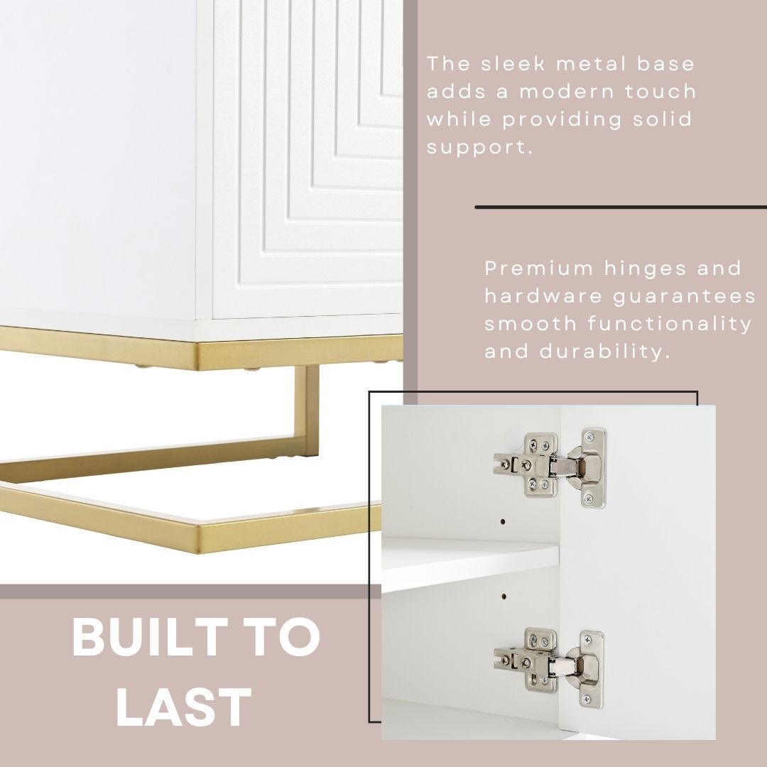 ON-TREND Modern TV Stand with Metal Legs and Gold Handles for TVs Up to 80'', Media Console Table with Cabinets and Adjustable Shelves, Luxury TV Cabinet with Geometric Lines for Living Room, White - Grand Goldman Shop